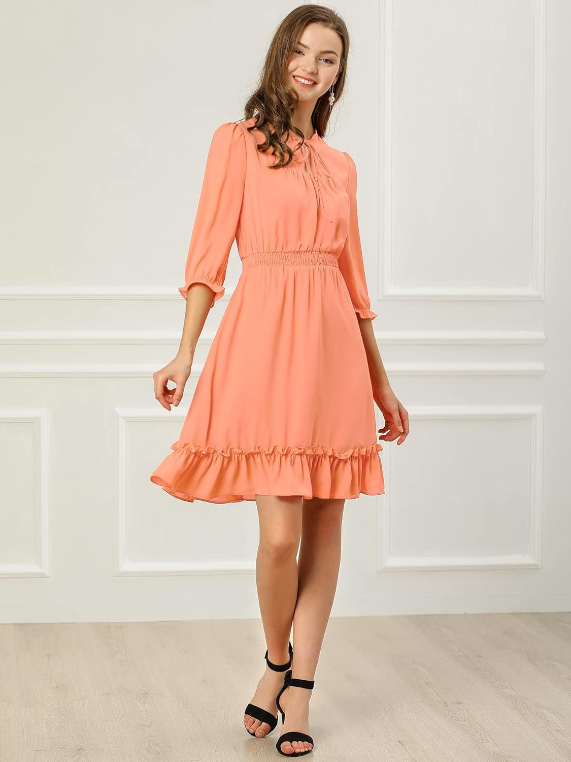 imageAllegra K Womens Casual Dresses 34 Sleeve Summer Boho Chiffon Wedding Guest DressSalmon