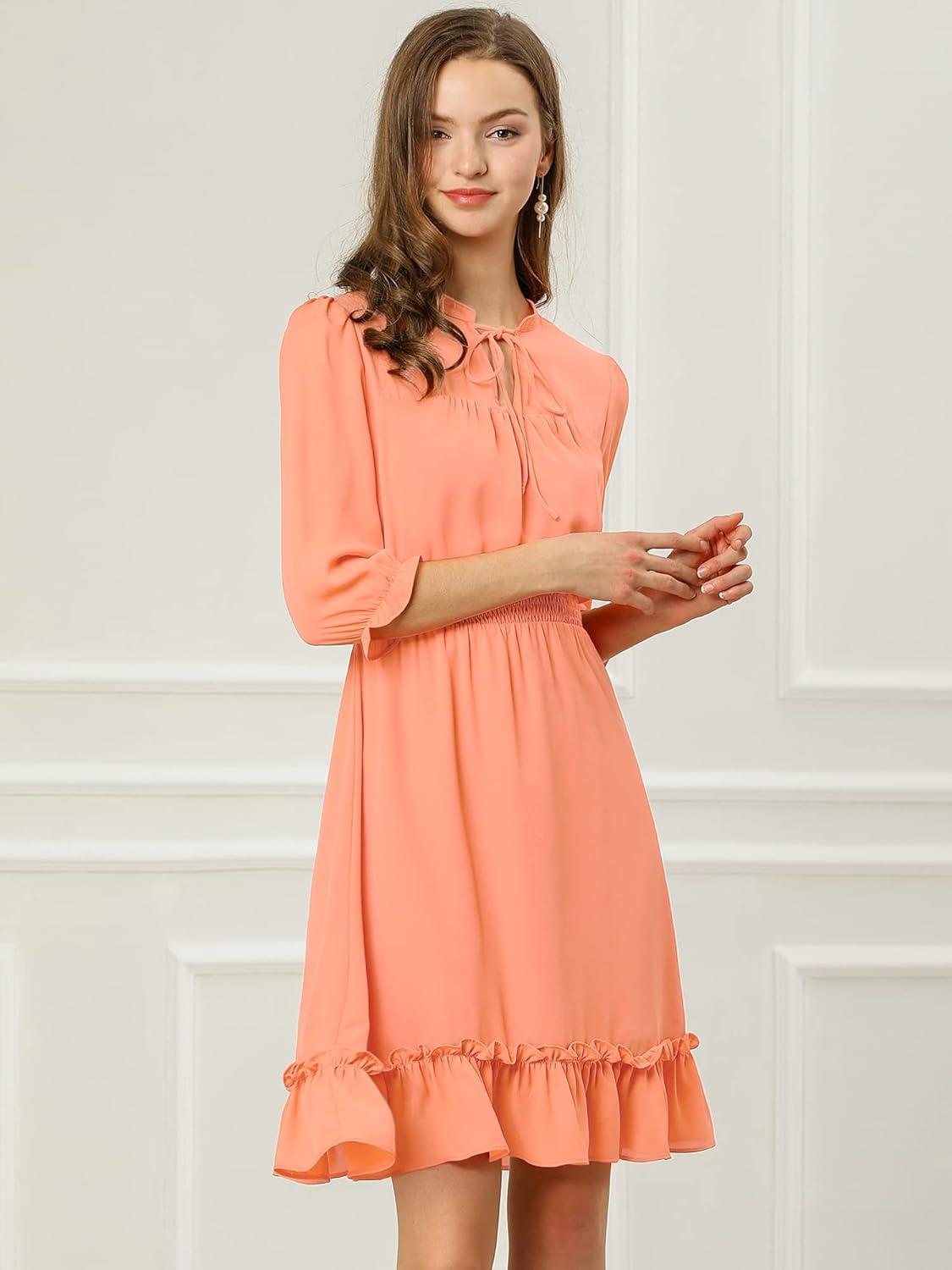 imageAllegra K Womens Casual Dresses 34 Sleeve Summer Boho Chiffon Wedding Guest DressSalmon