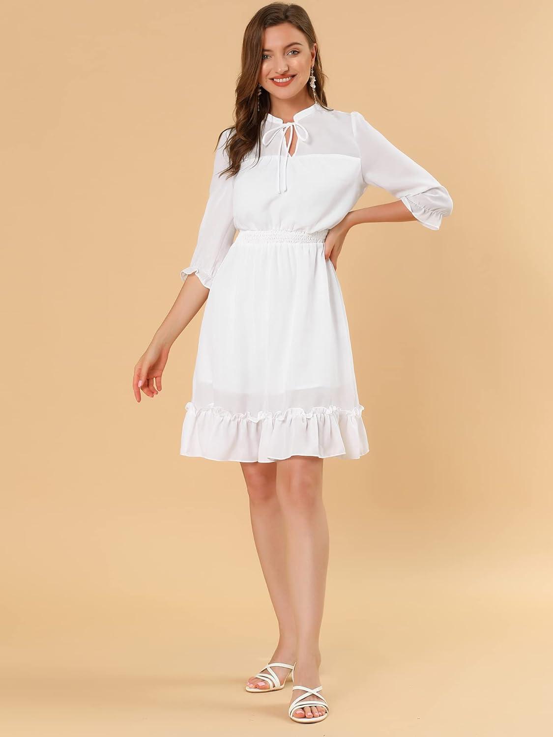 imageAllegra K Womens Casual Dresses 34 Sleeve Summer Boho Chiffon Wedding Guest DressWhite