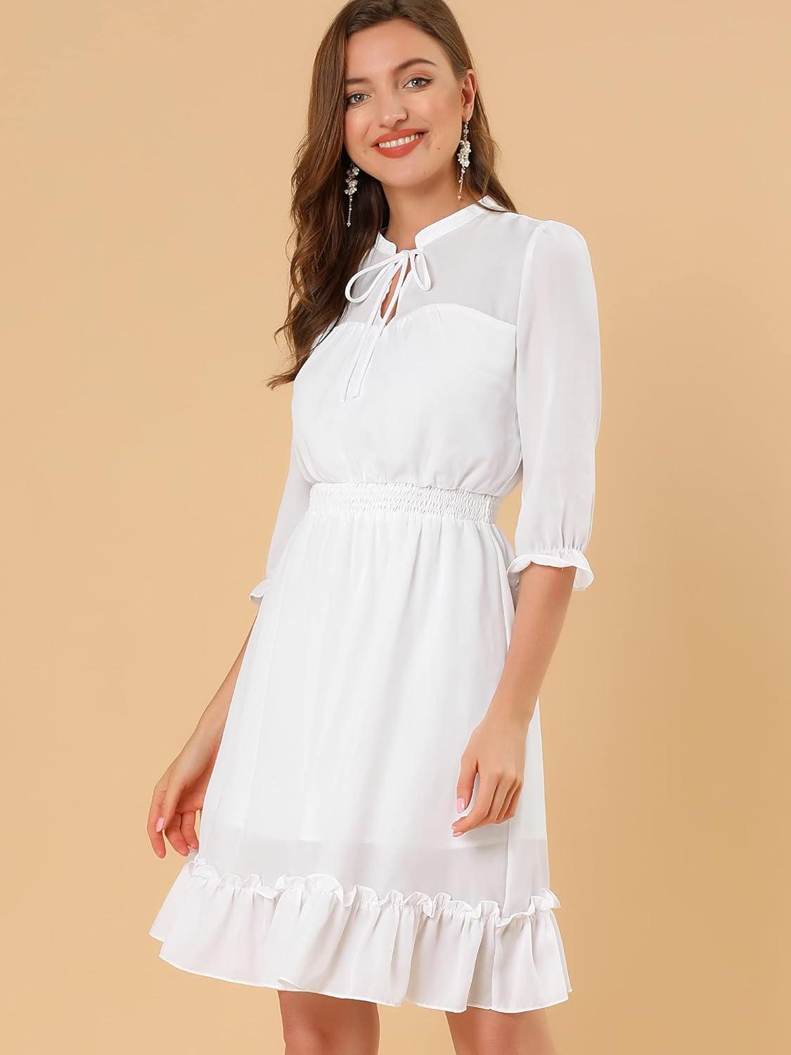 imageAllegra K Womens Casual Dresses 34 Sleeve Summer Boho Chiffon Wedding Guest DressWhite
