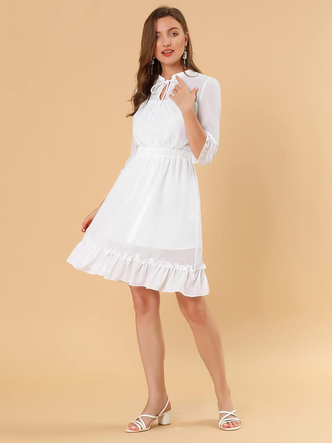 imageAllegra K Womens Casual Dresses 34 Sleeve Summer Boho Chiffon Wedding Guest DressWhite