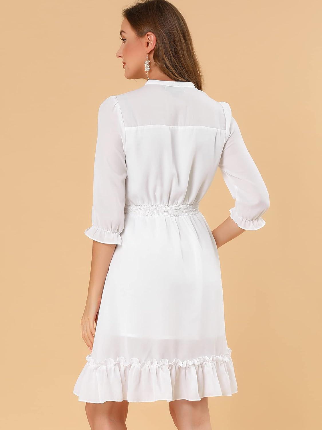 imageAllegra K Womens Casual Dresses 34 Sleeve Summer Boho Chiffon Wedding Guest DressWhite