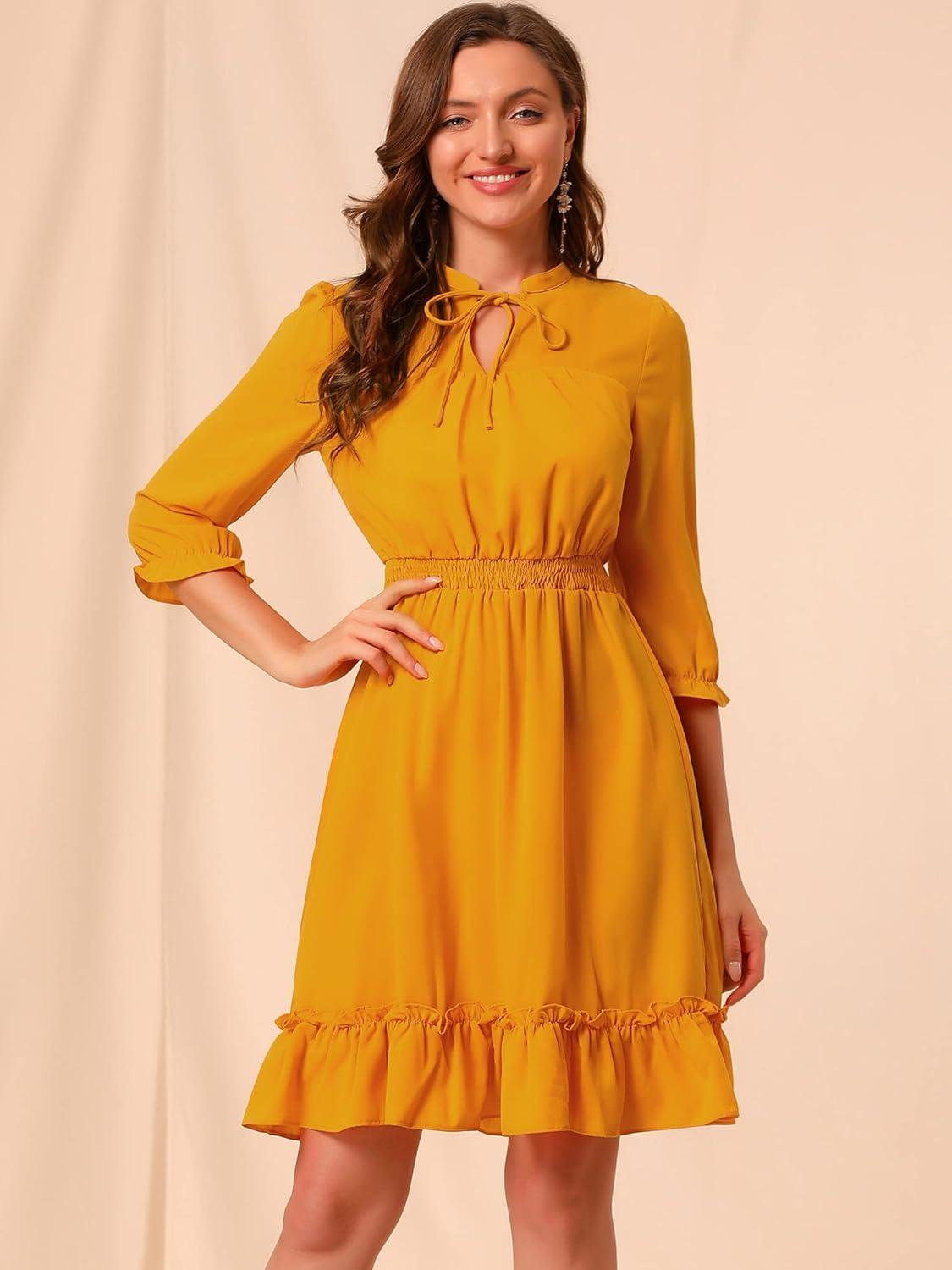 imageAllegra K Womens Casual Dresses 34 Sleeve Summer Boho Chiffon Wedding Guest DressYellow
