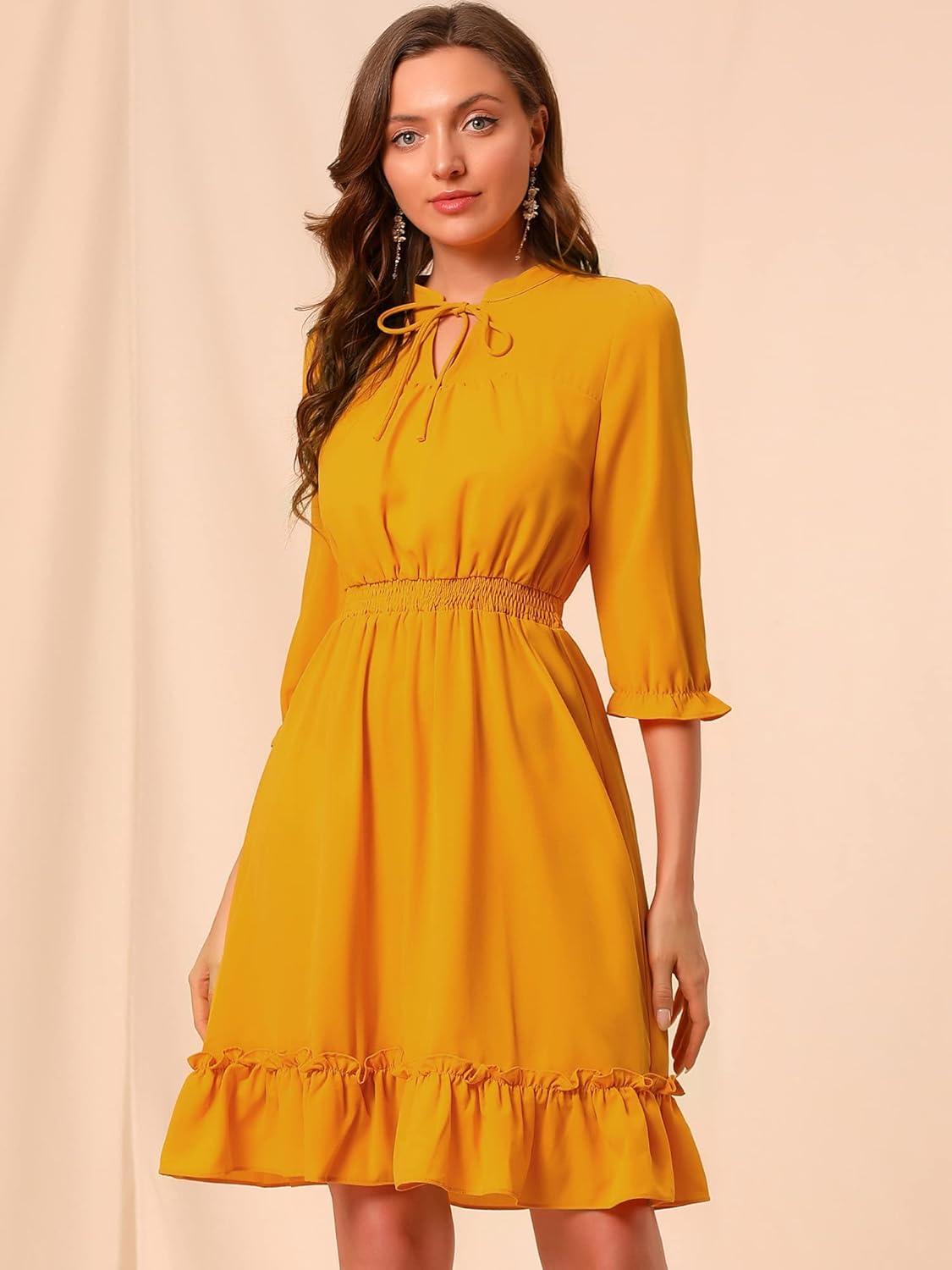 imageAllegra K Womens Casual Dresses 34 Sleeve Summer Boho Chiffon Wedding Guest DressYellow