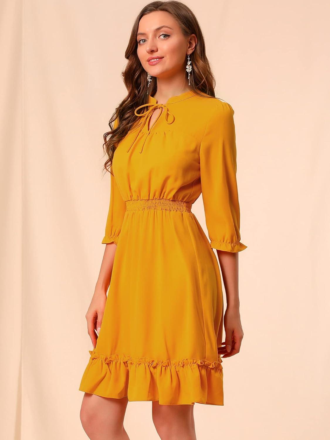 imageAllegra K Womens Casual Dresses 34 Sleeve Summer Boho Chiffon Wedding Guest DressYellow
