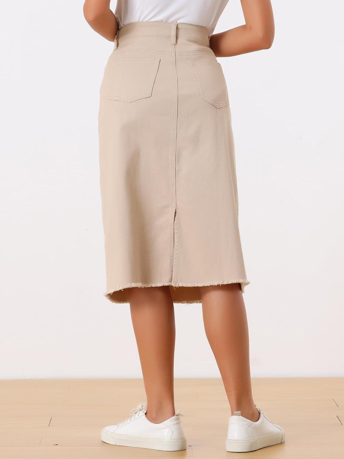 imageAllegra K Womens Casual Jean Skirt High Waist Back Slit Stretch Denim SkirtsApricot