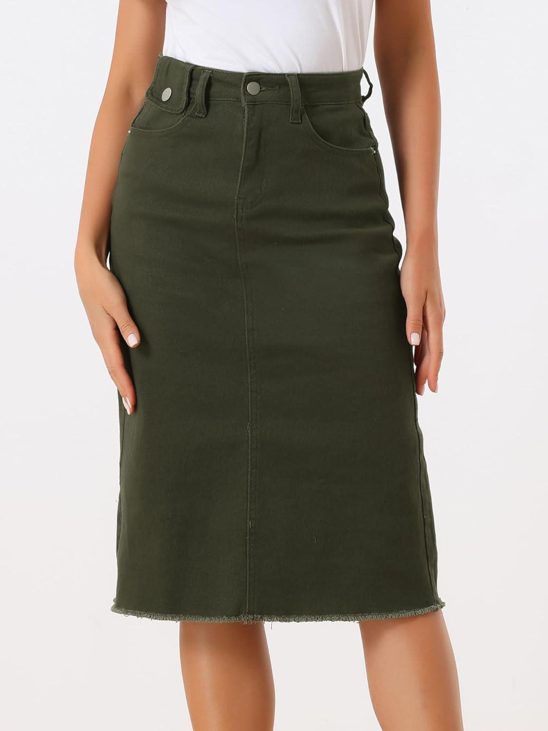 imageAllegra K Womens Casual Jean Skirt High Waist Back Slit Stretch Denim SkirtsArmy Green