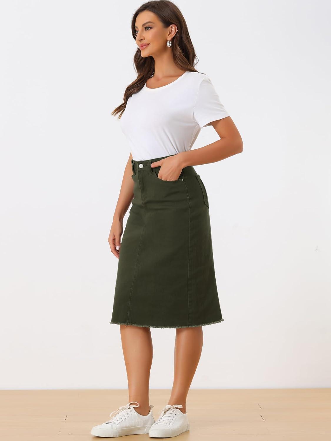 imageAllegra K Womens Casual Jean Skirt High Waist Back Slit Stretch Denim SkirtsArmy Green