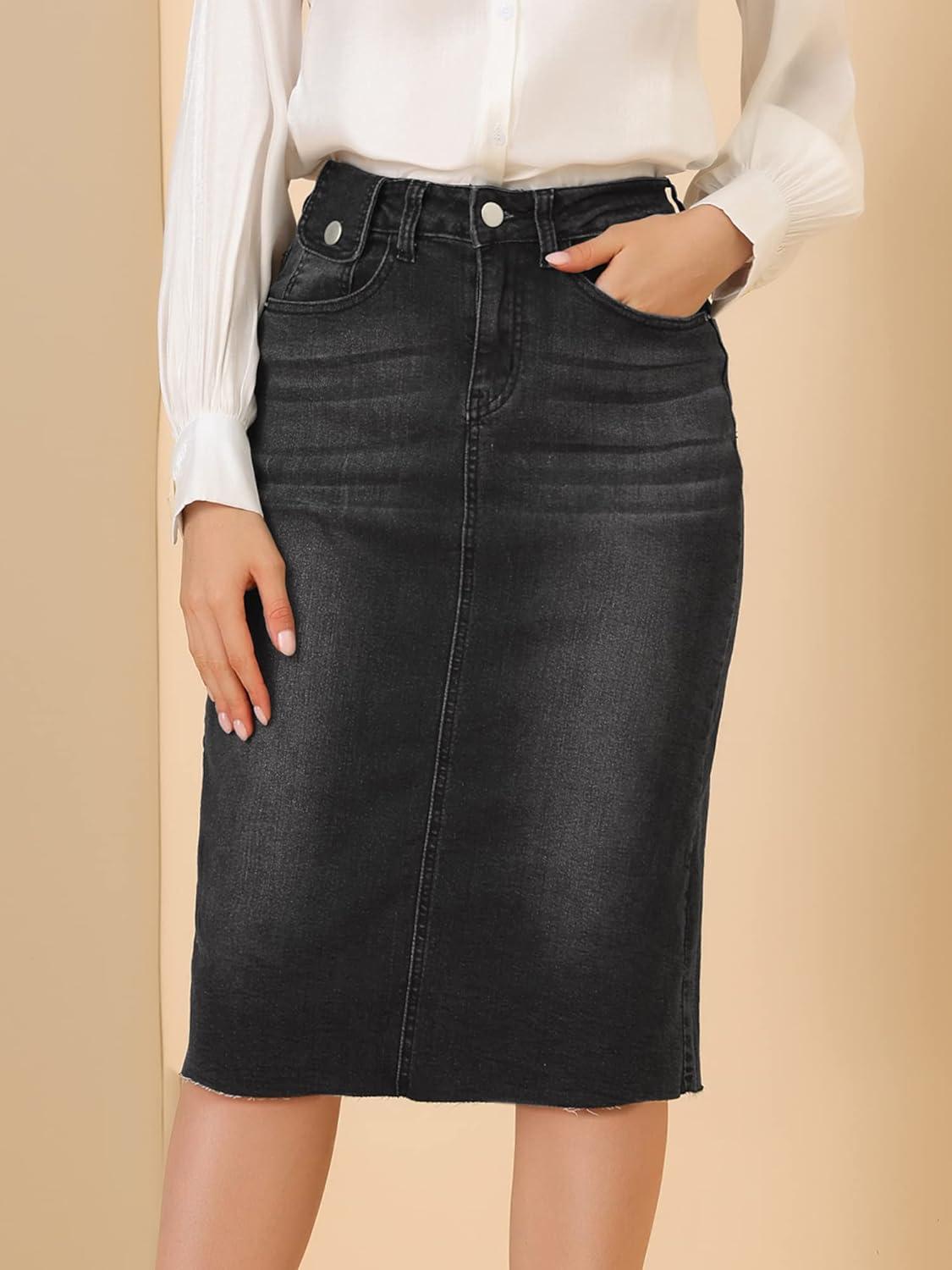 imageAllegra K Womens Casual Jean Skirt High Waist Back Slit Stretch Denim SkirtsBlack