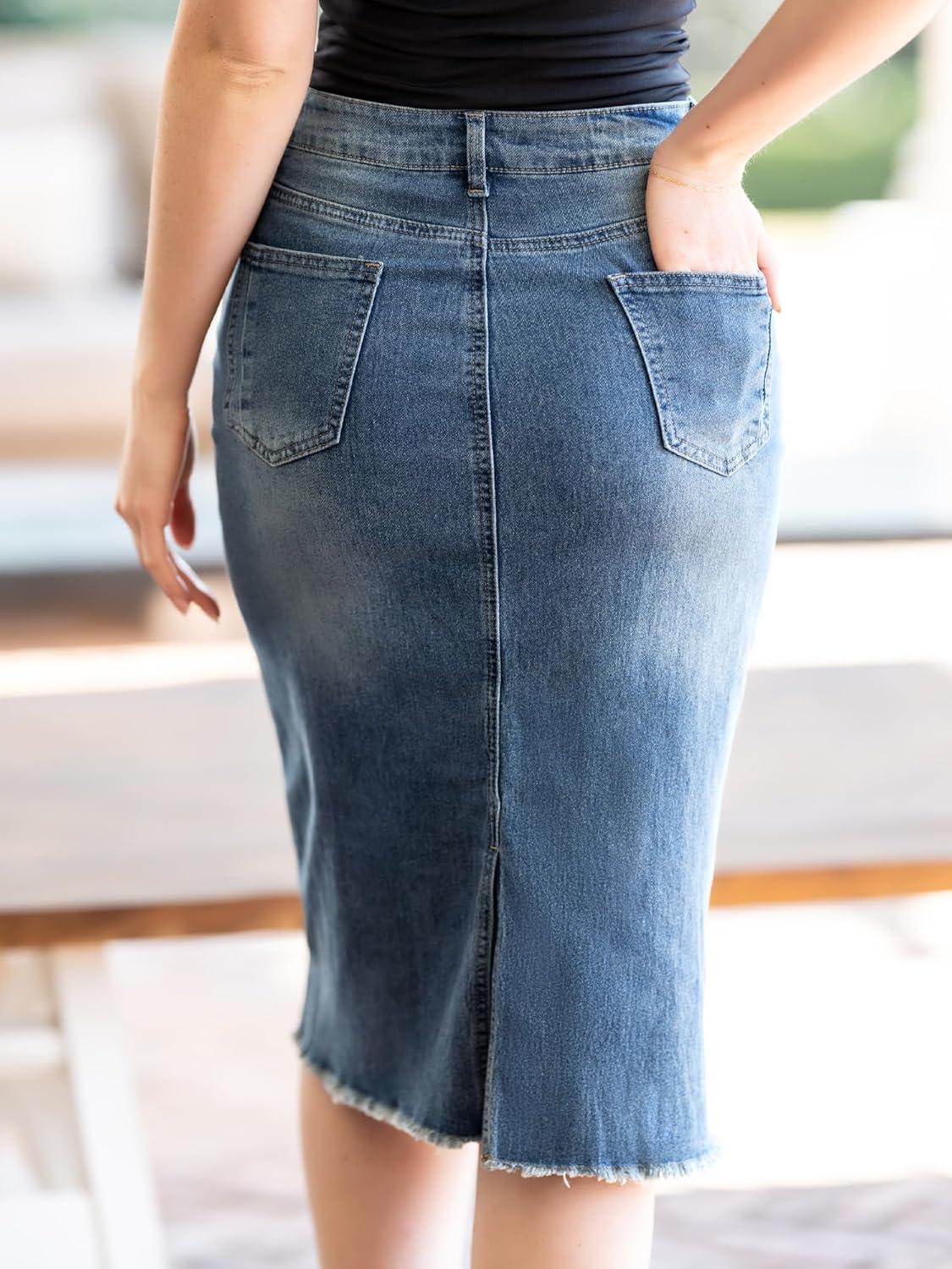 imageAllegra K Womens Casual Jean Skirt High Waist Back Slit Stretch Denim SkirtsBlue