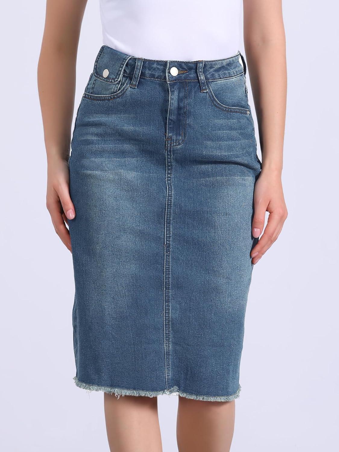 imageAllegra K Womens Casual Jean Skirt High Waist Back Slit Stretch Denim SkirtsBlue