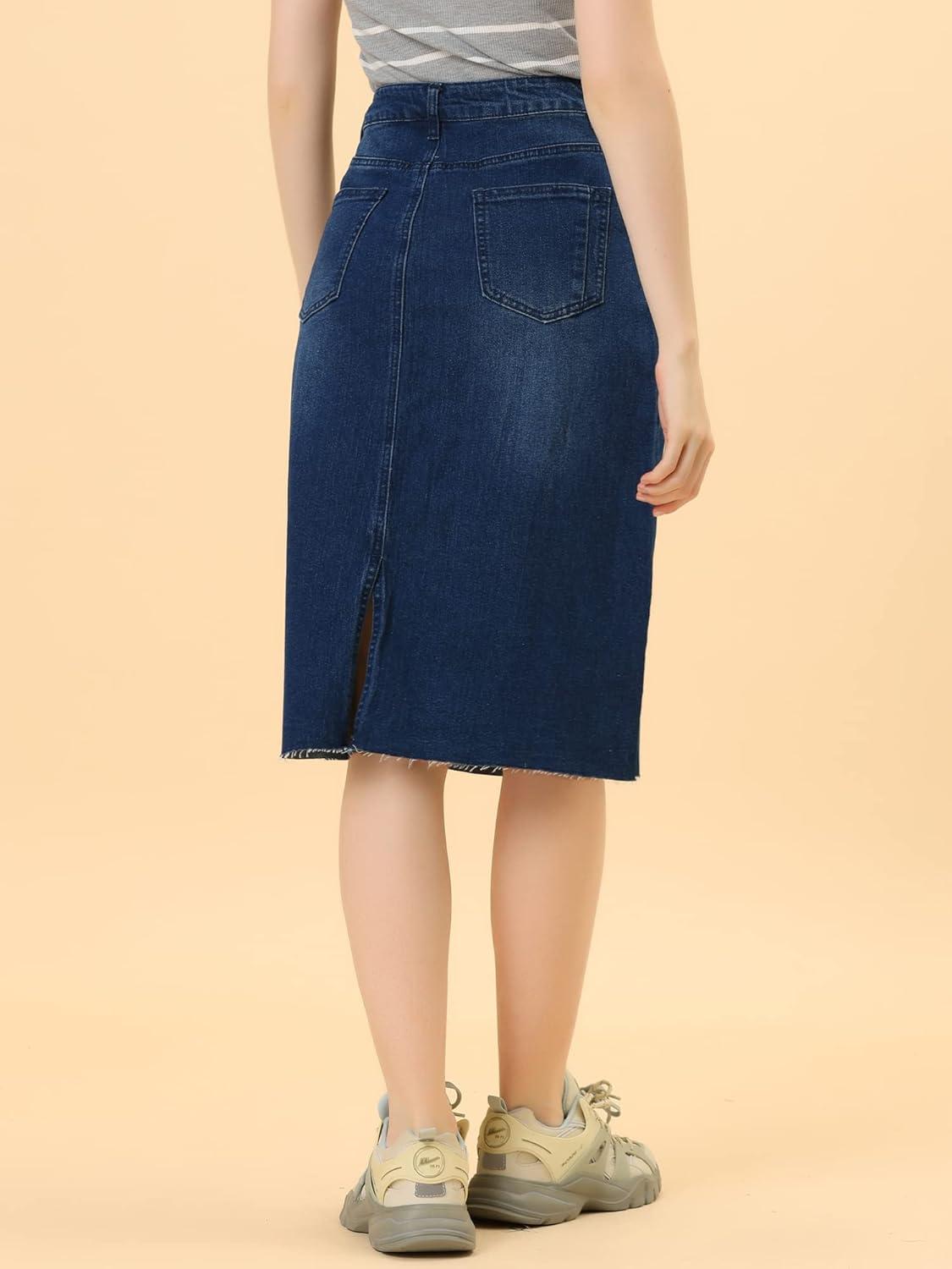 imageAllegra K Womens Casual Jean Skirt High Waist Back Slit Stretch Denim SkirtsDark Blue