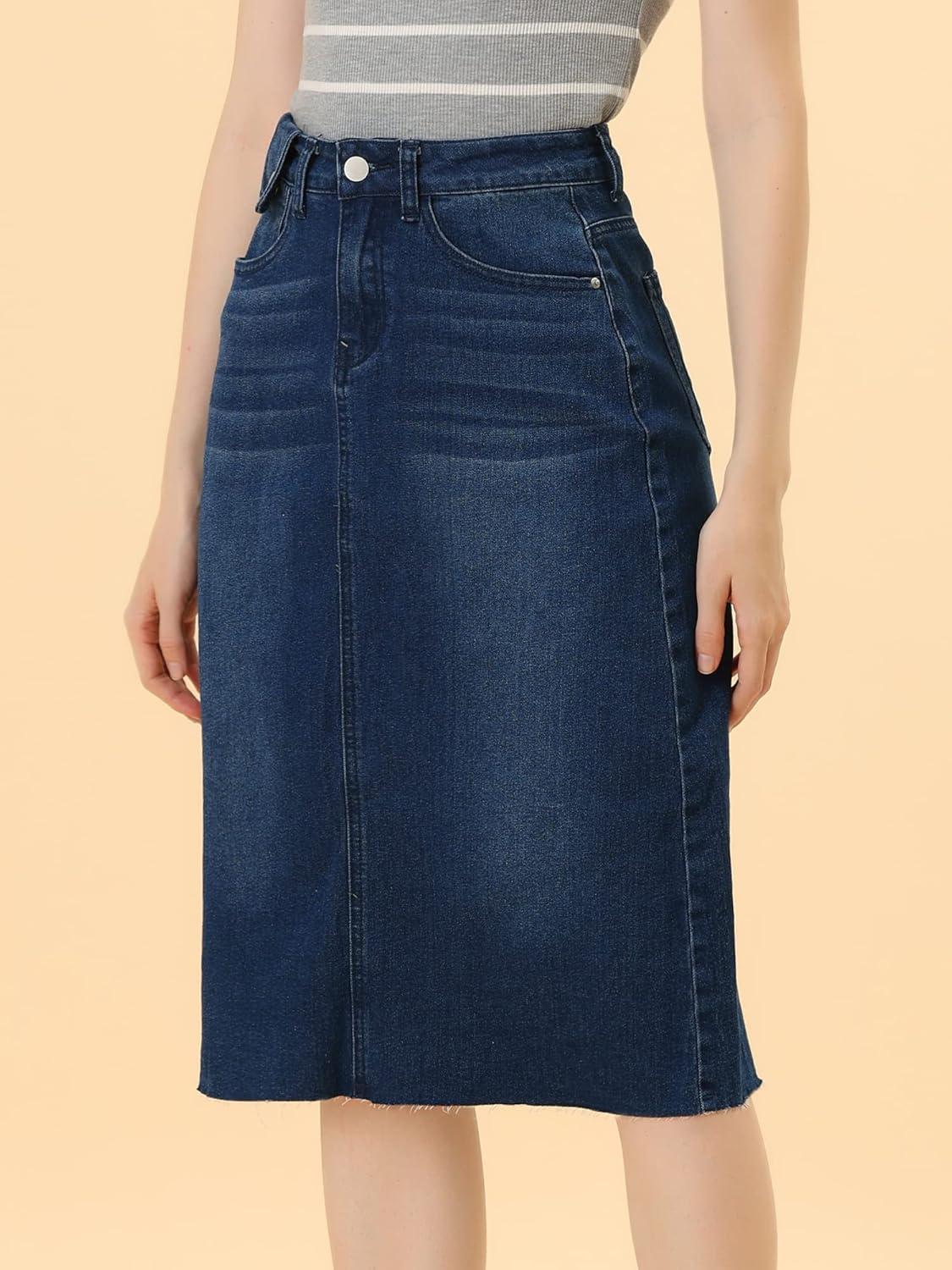 imageAllegra K Womens Casual Jean Skirt High Waist Back Slit Stretch Denim SkirtsDark Blue