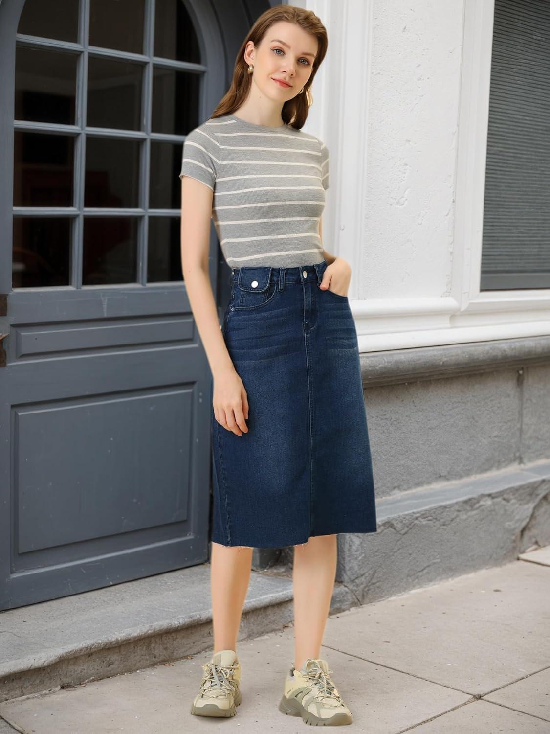 imageAllegra K Womens Casual Jean Skirt High Waist Back Slit Stretch Denim SkirtsDark Blue