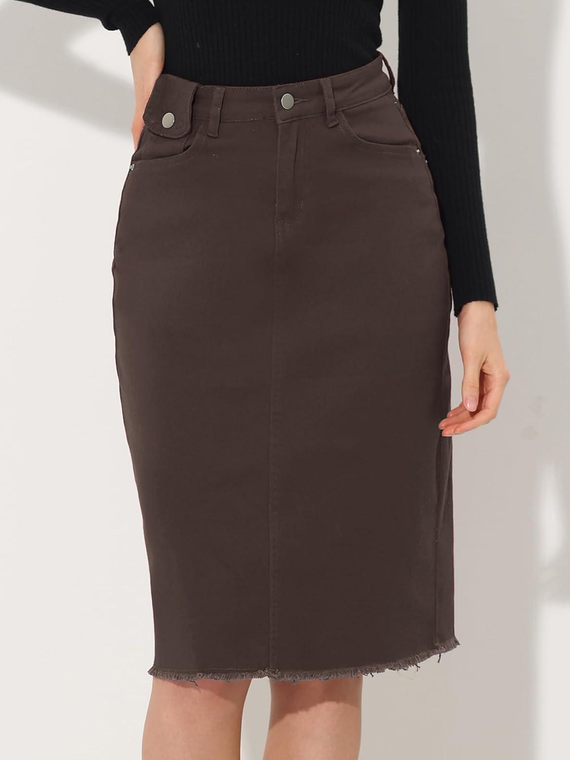 imageAllegra K Womens Casual Jean Skirt High Waist Back Slit Stretch Denim SkirtsDark Brown