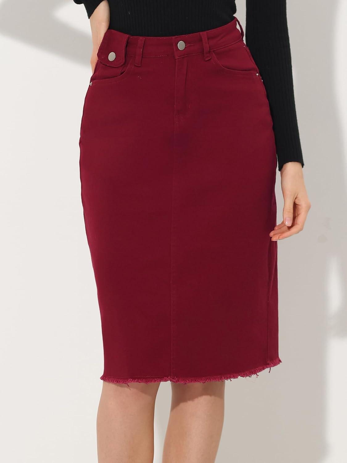 imageAllegra K Womens Casual Jean Skirt High Waist Back Slit Stretch Denim SkirtsDark Red