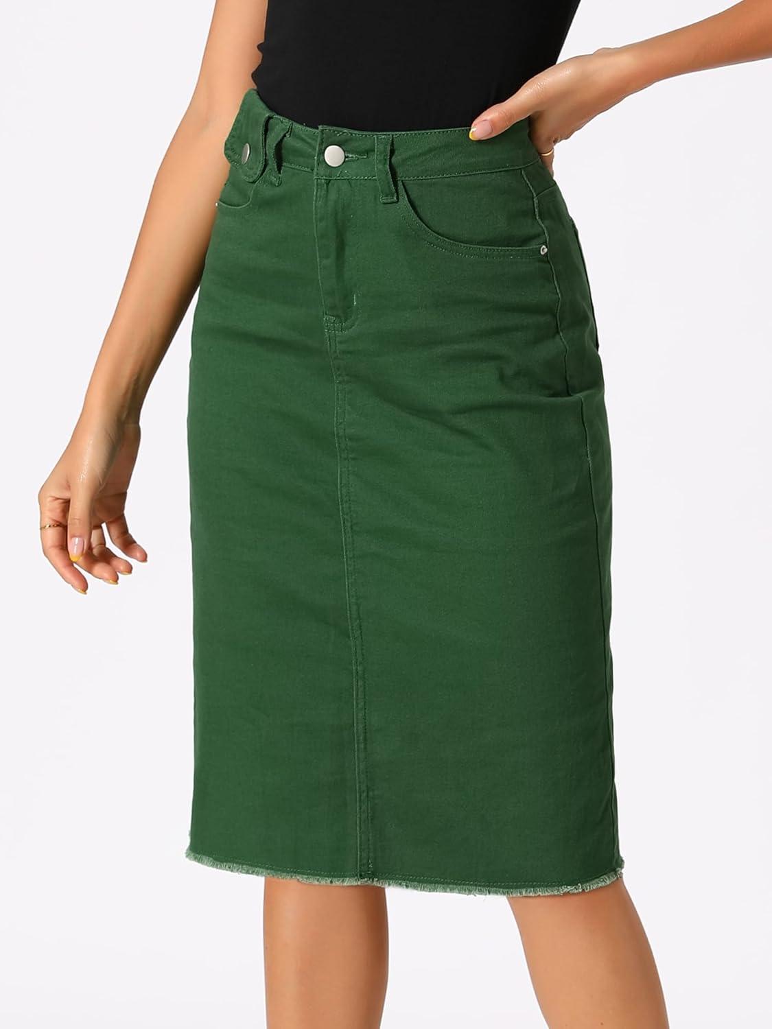 imageAllegra K Womens Casual Jean Skirt High Waist Back Slit Stretch Denim SkirtsGreen