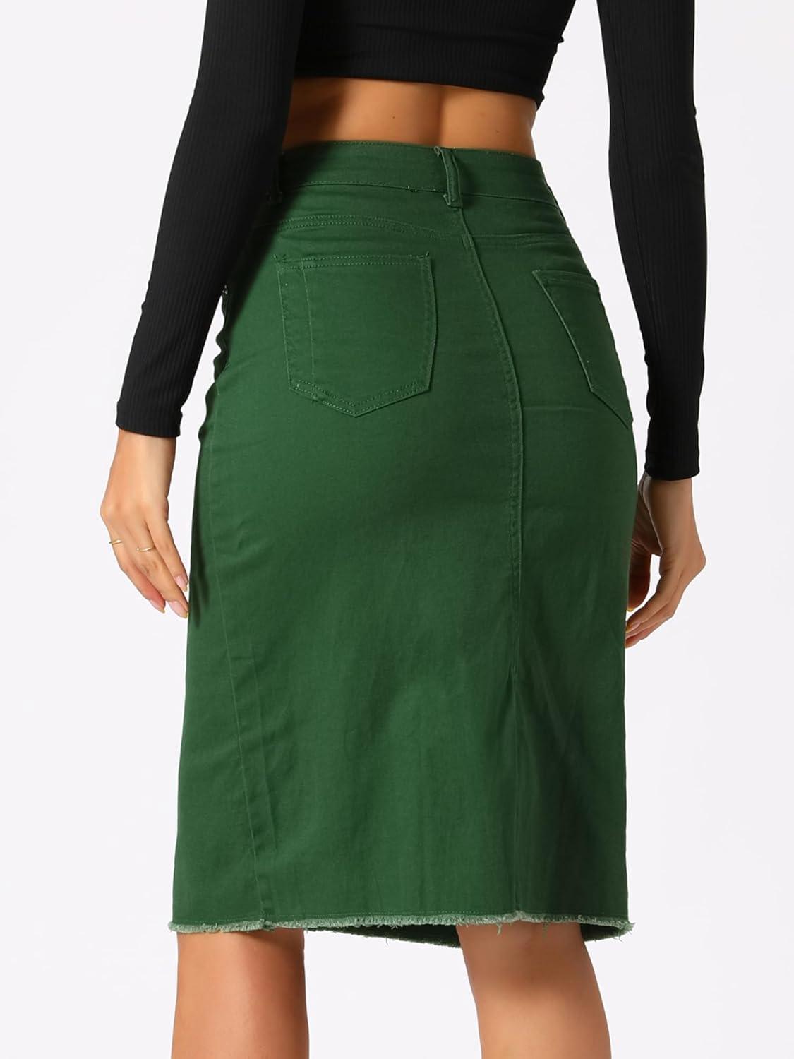 imageAllegra K Womens Casual Jean Skirt High Waist Back Slit Stretch Denim SkirtsGreen