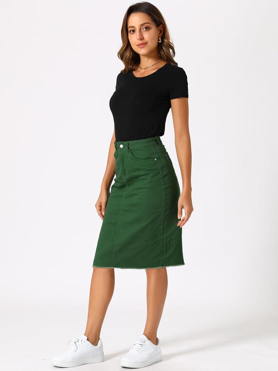 imageAllegra K Womens Casual Jean Skirt High Waist Back Slit Stretch Denim SkirtsGreen