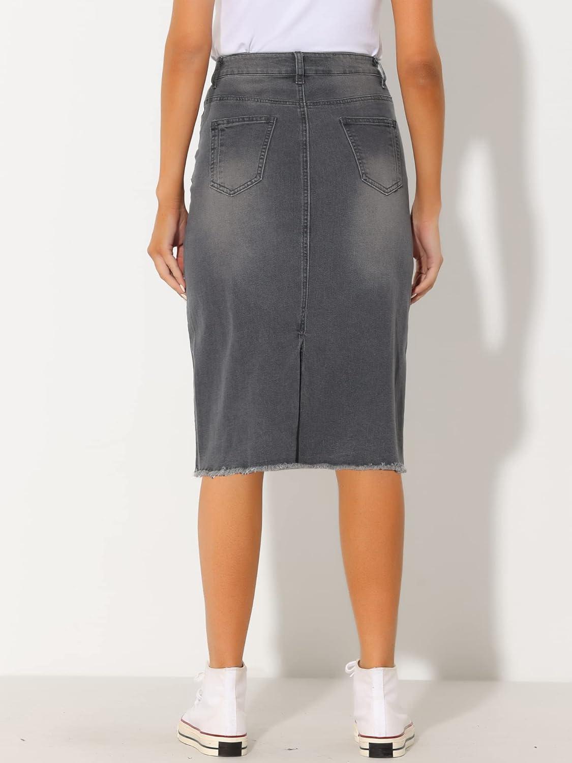 imageAllegra K Womens Casual Jean Skirt High Waist Back Slit Stretch Denim SkirtsGrey