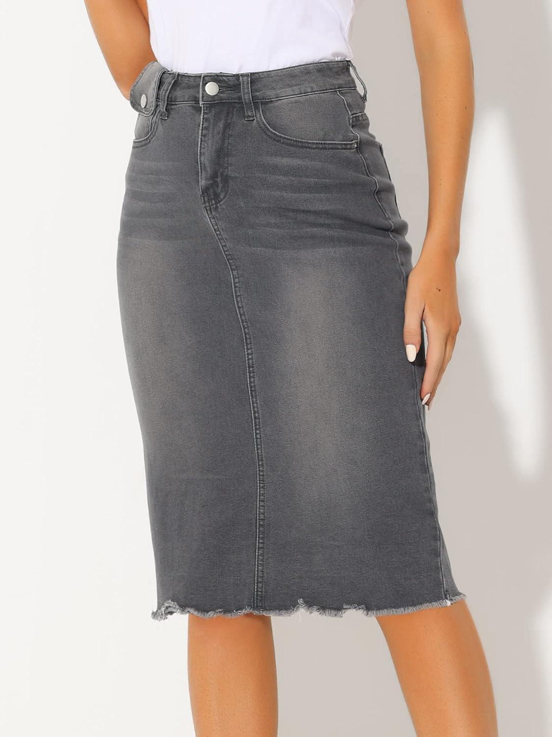 imageAllegra K Womens Casual Jean Skirt High Waist Back Slit Stretch Denim SkirtsGrey