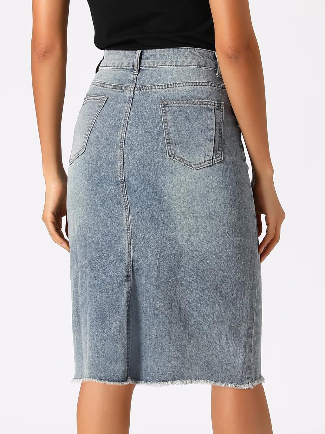 imageAllegra K Womens Casual Jean Skirt High Waist Back Slit Stretch Denim SkirtsGrey Blue