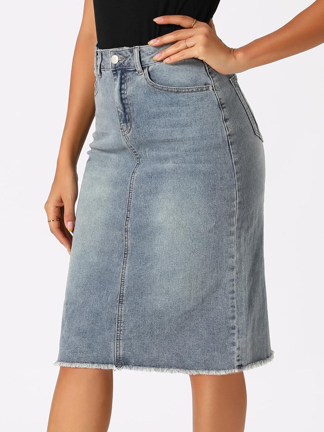 imageAllegra K Womens Casual Jean Skirt High Waist Back Slit Stretch Denim SkirtsGrey Blue