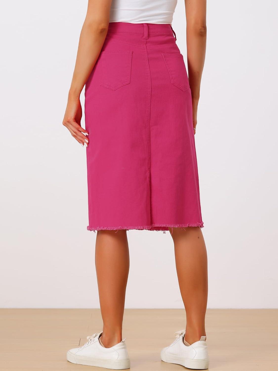 imageAllegra K Womens Casual Jean Skirt High Waist Back Slit Stretch Denim SkirtsHot Pink
