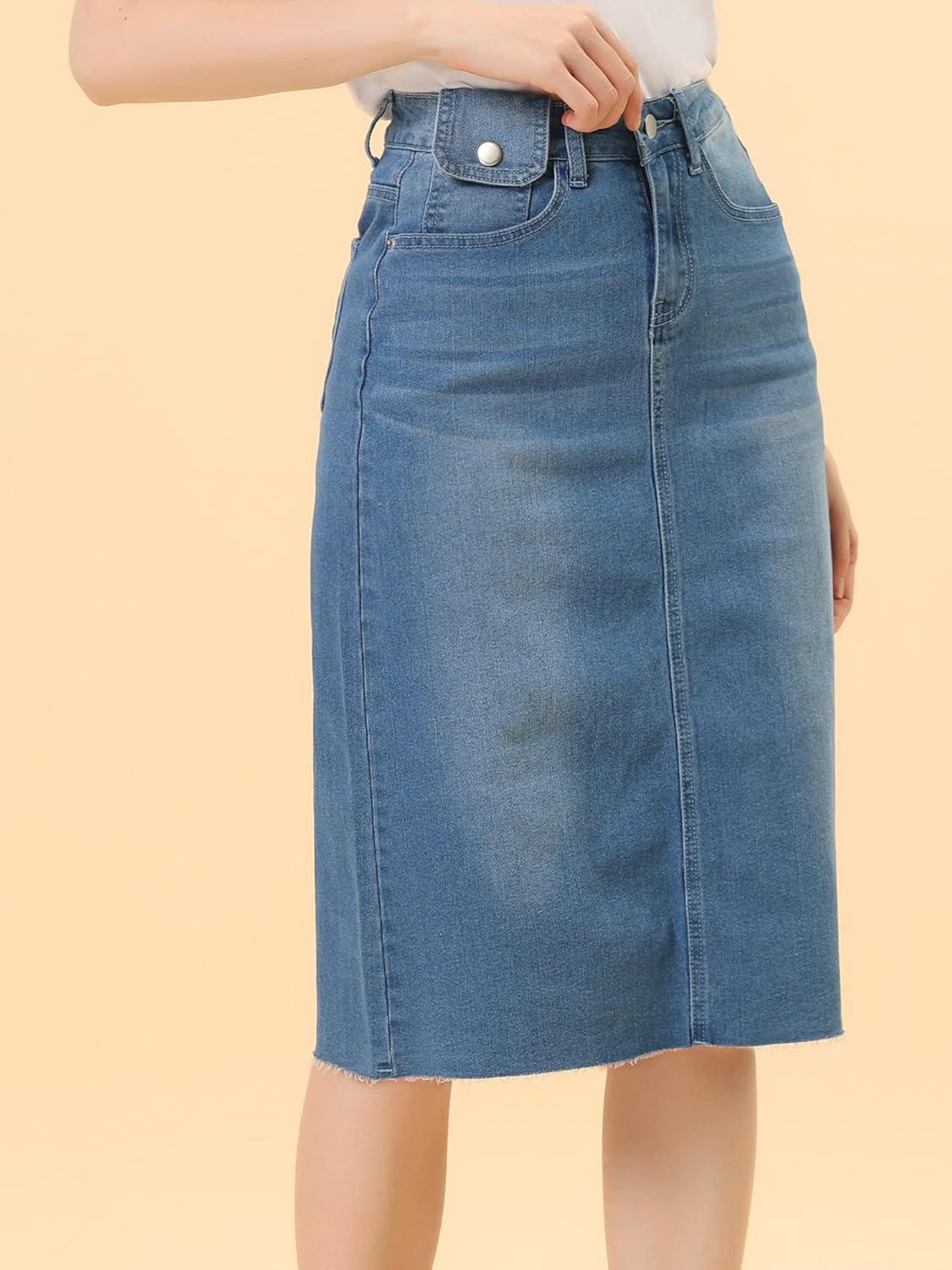 imageAllegra K Womens Casual Jean Skirt High Waist Back Slit Stretch Denim SkirtsJean Blue