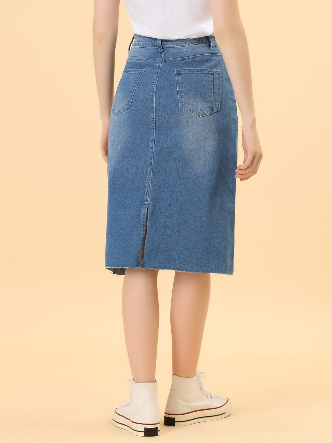 imageAllegra K Womens Casual Jean Skirt High Waist Back Slit Stretch Denim SkirtsJean Blue