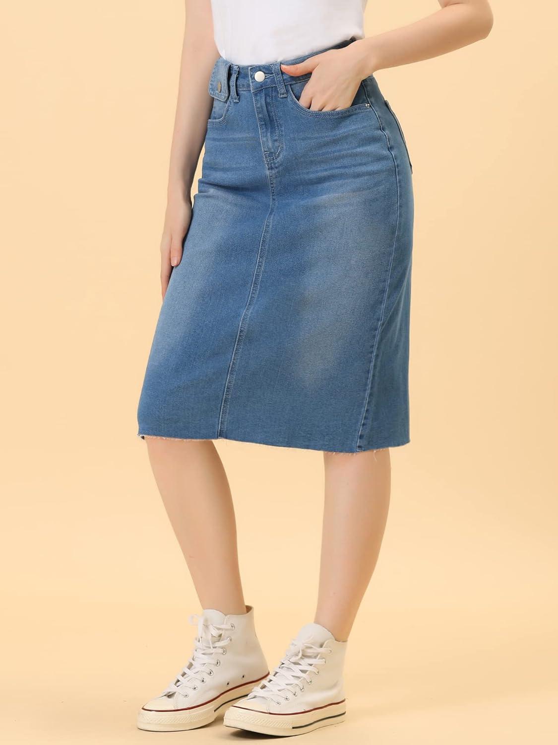 imageAllegra K Womens Casual Jean Skirt High Waist Back Slit Stretch Denim SkirtsJean Blue