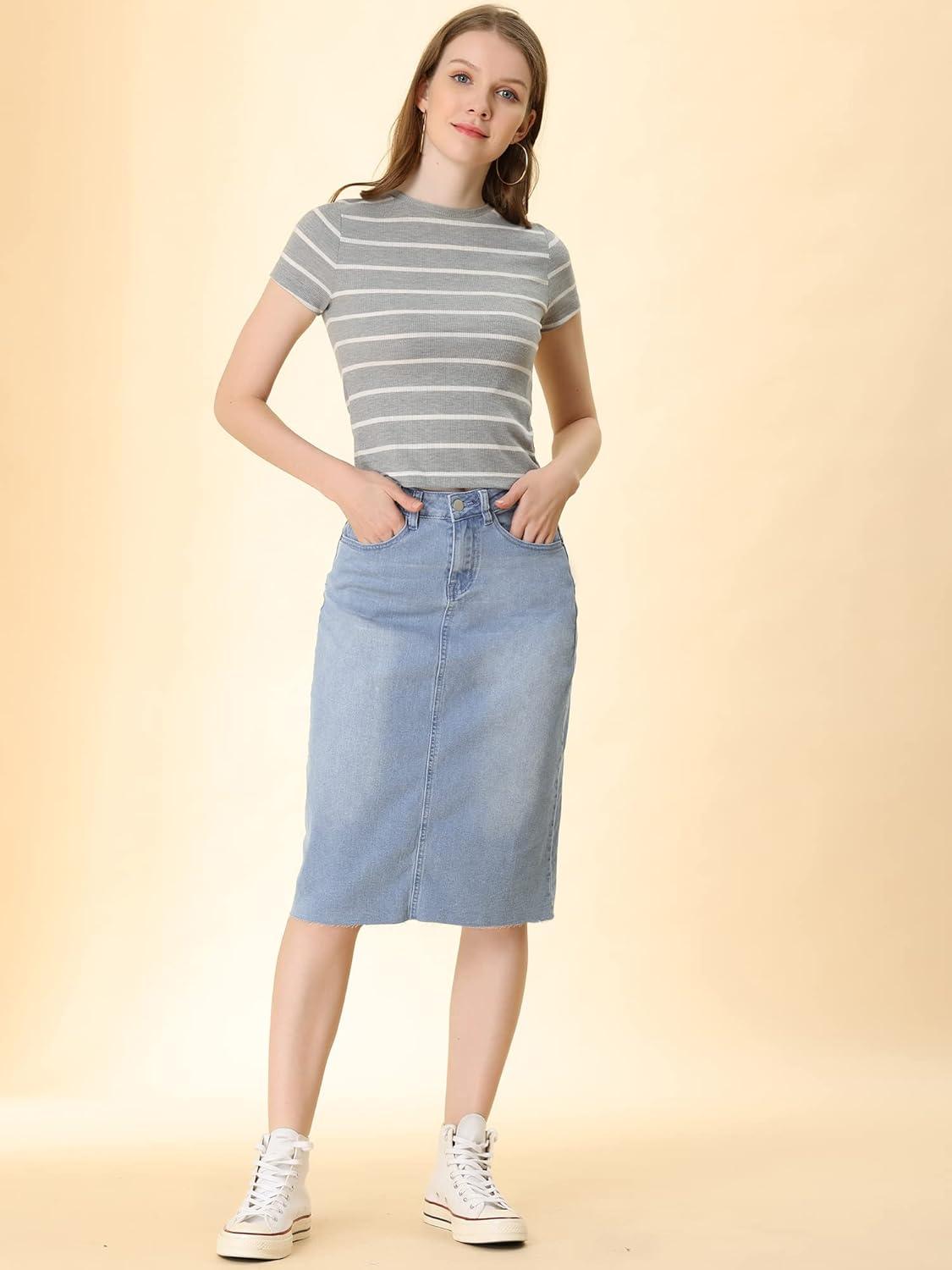imageAllegra K Womens Casual Jean Skirt High Waist Back Slit Stretch Denim SkirtsLight Blue
