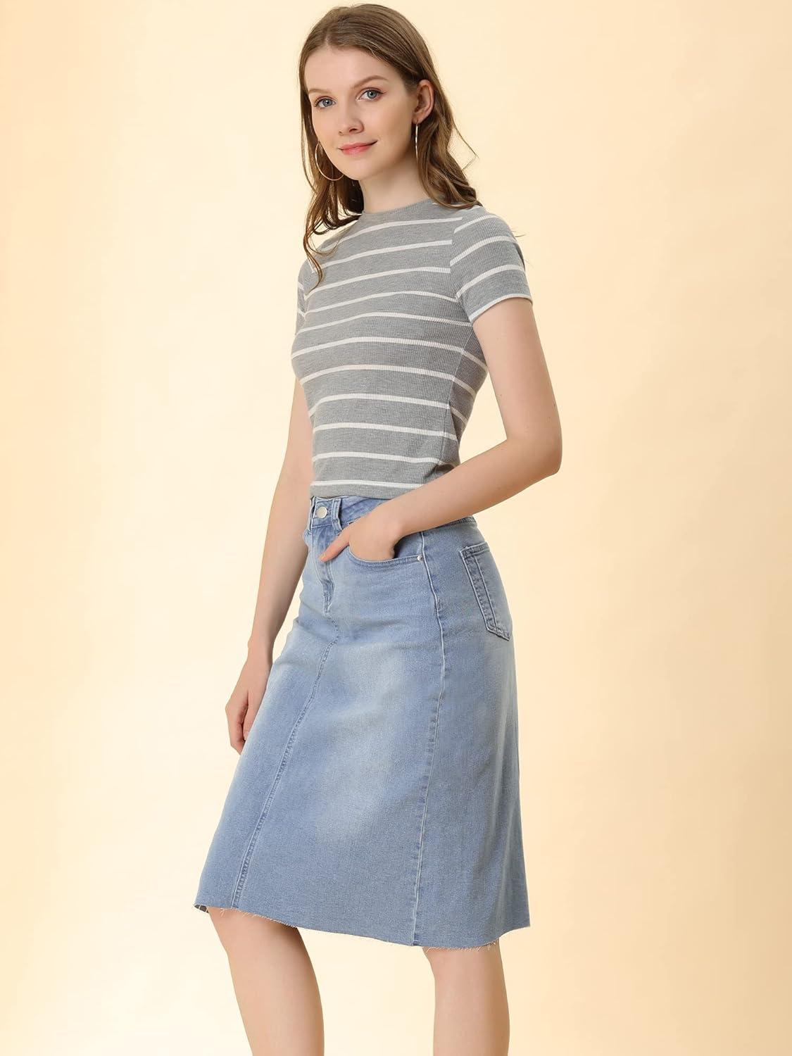 imageAllegra K Womens Casual Jean Skirt High Waist Back Slit Stretch Denim SkirtsLight Blue