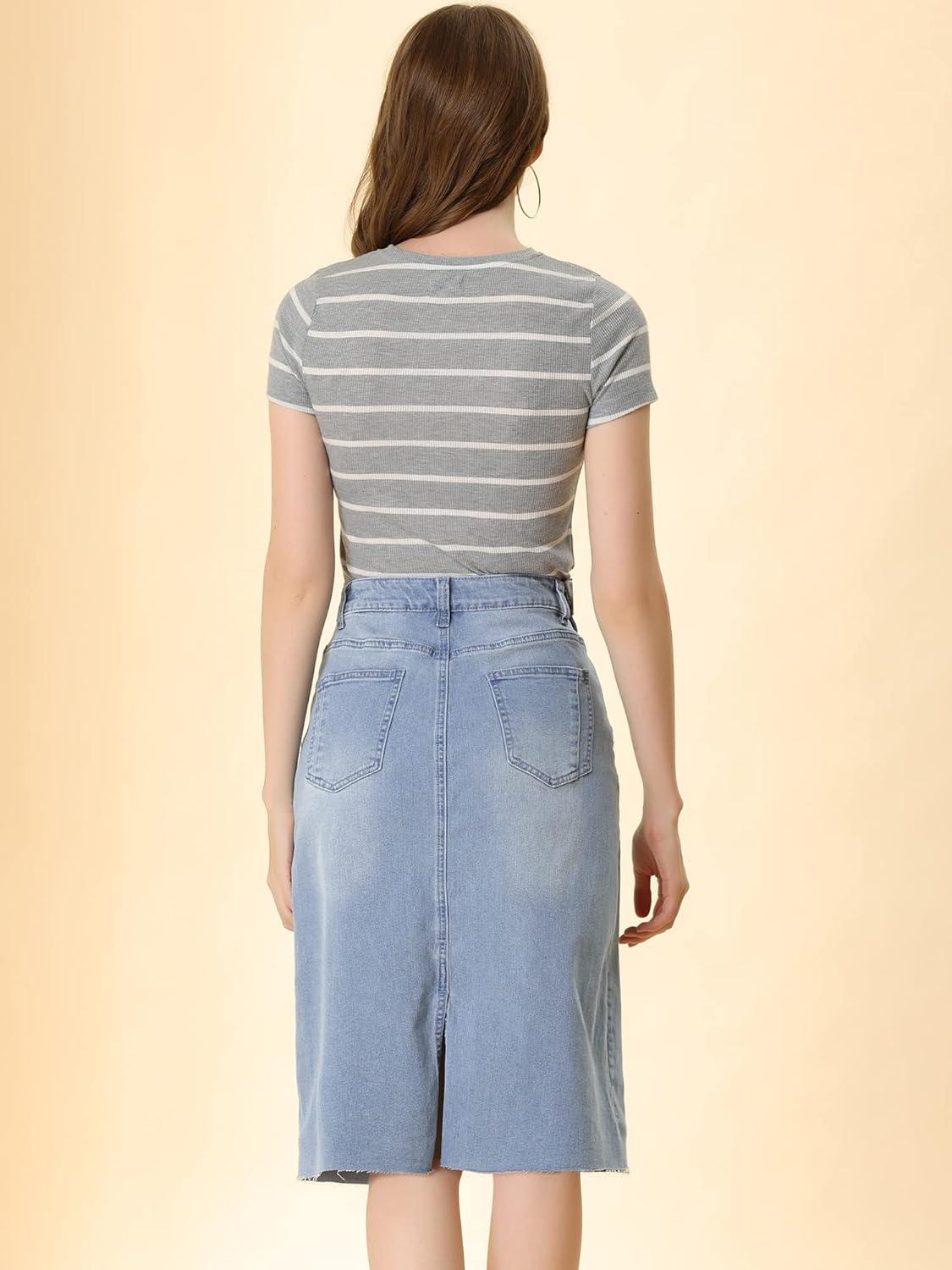 imageAllegra K Womens Casual Jean Skirt High Waist Back Slit Stretch Denim SkirtsLight Blue
