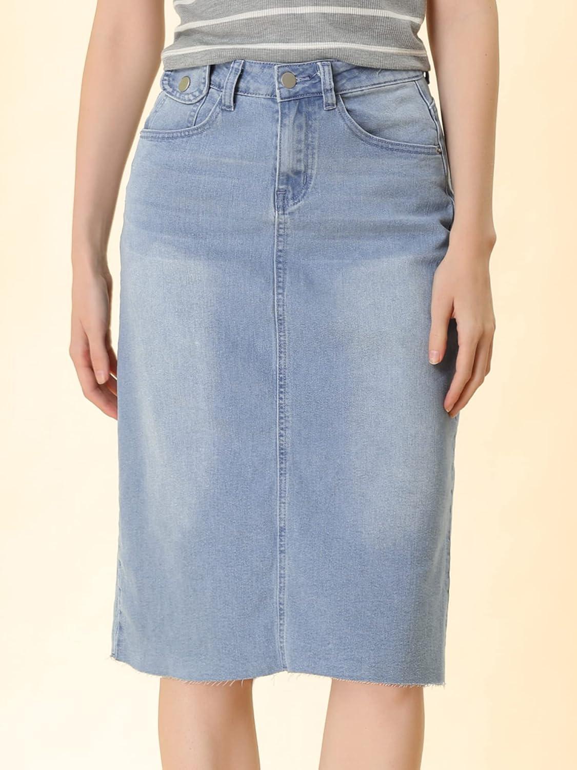 imageAllegra K Womens Casual Jean Skirt High Waist Back Slit Stretch Denim SkirtsLight Blue