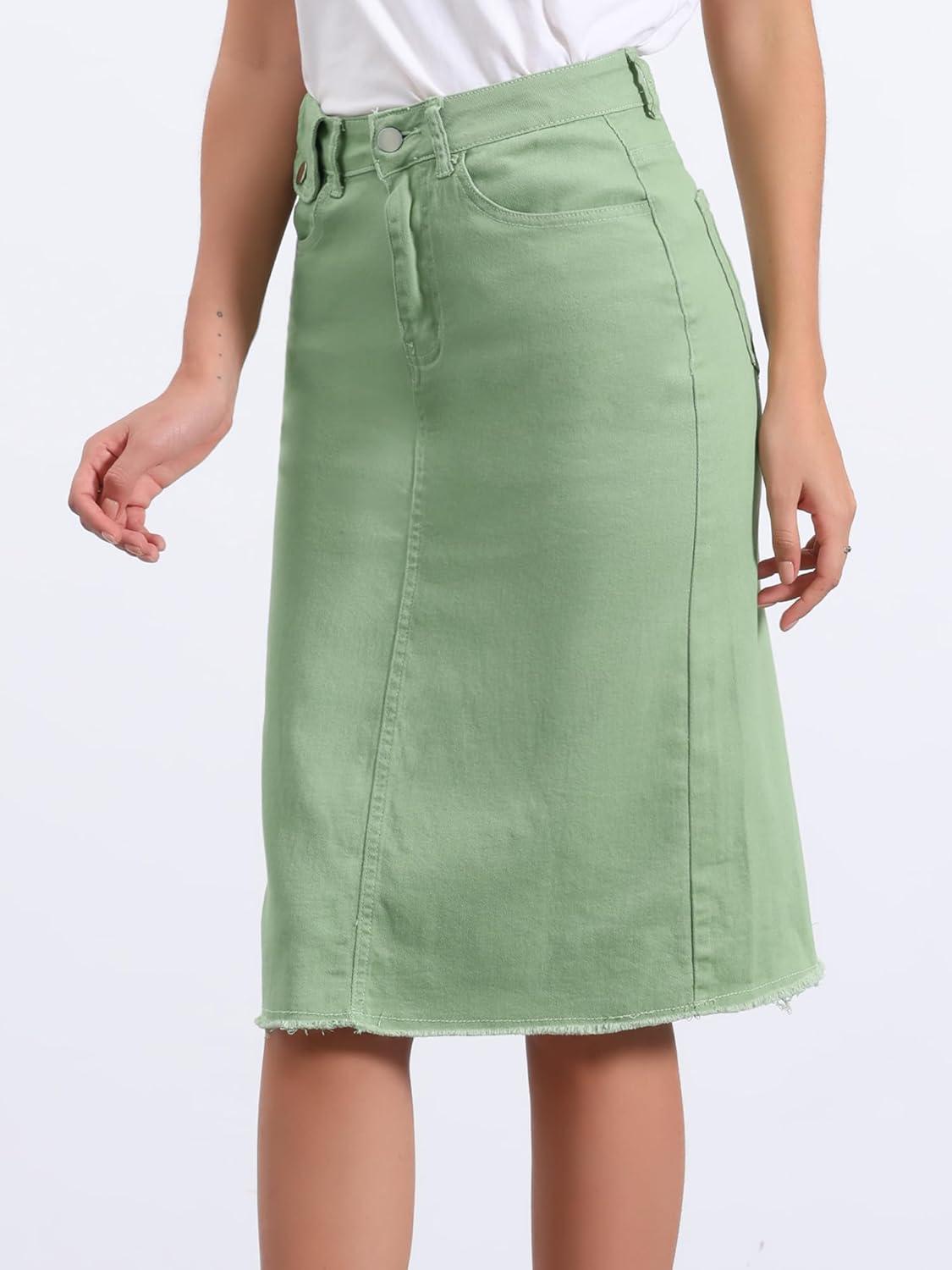 imageAllegra K Womens Casual Jean Skirt High Waist Back Slit Stretch Denim SkirtsLight Green