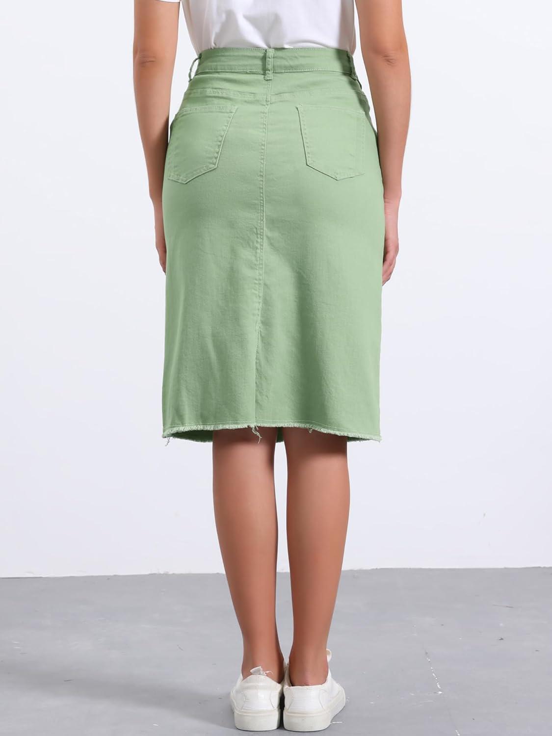 imageAllegra K Womens Casual Jean Skirt High Waist Back Slit Stretch Denim SkirtsLight Green
