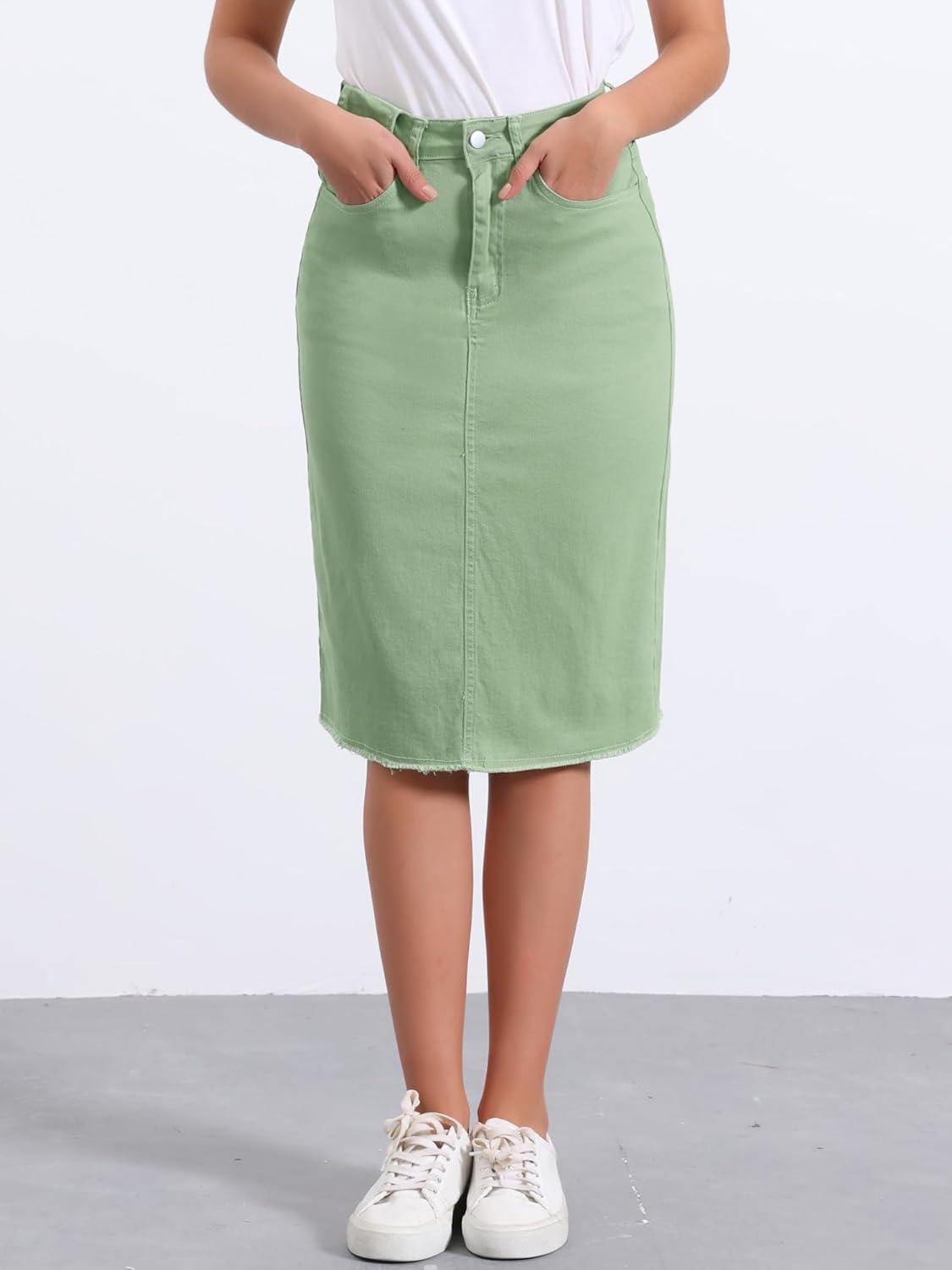 imageAllegra K Womens Casual Jean Skirt High Waist Back Slit Stretch Denim SkirtsLight Green