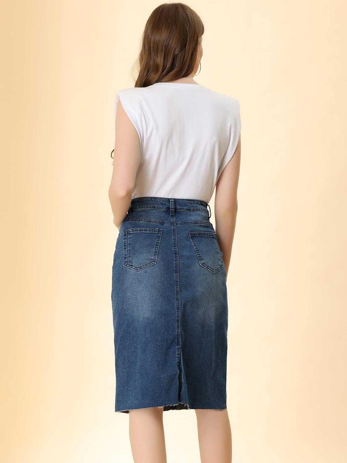 imageAllegra K Womens Casual Jean Skirt High Waist Back Slit Stretch Denim SkirtsMblue