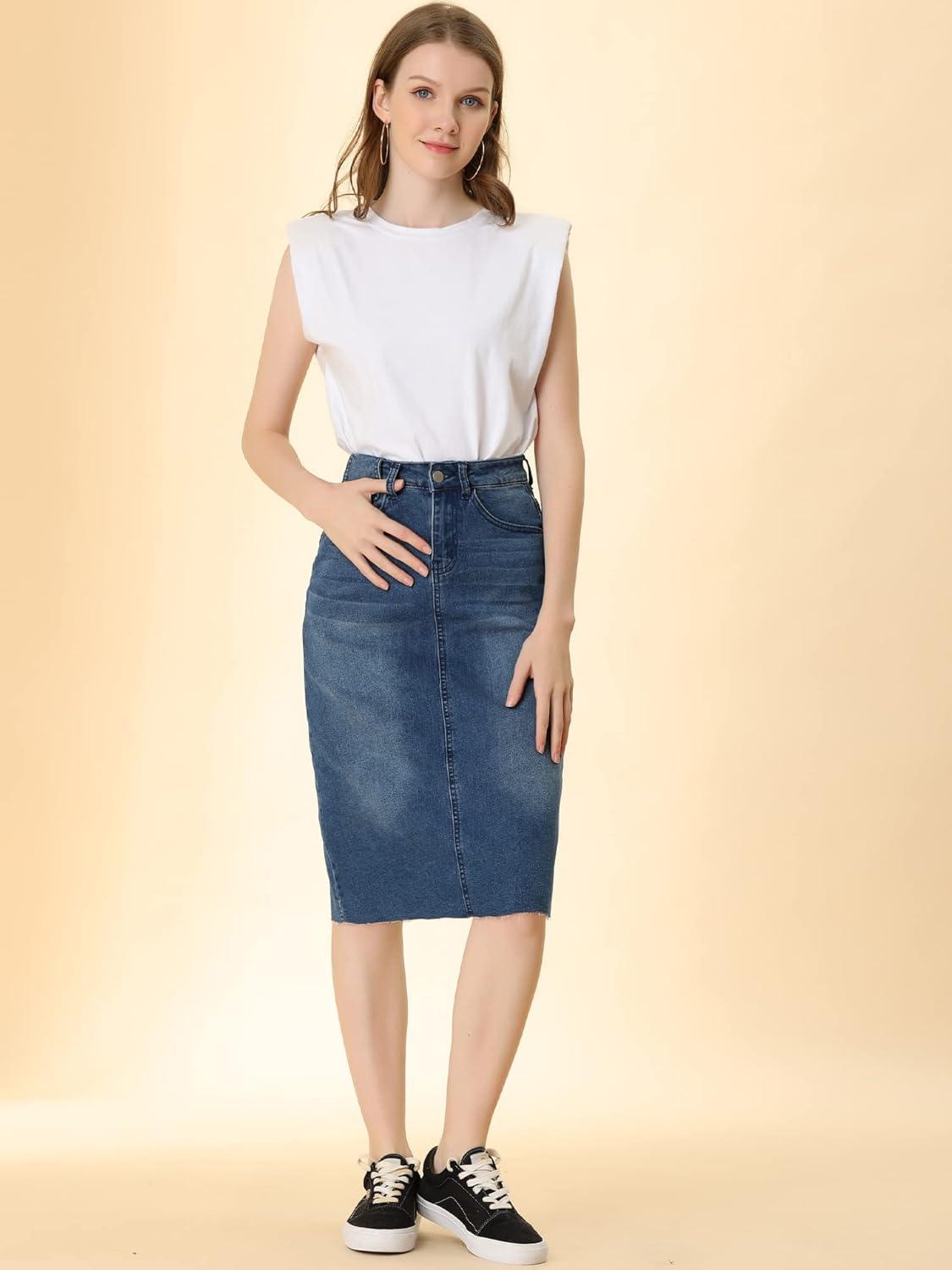 imageAllegra K Womens Casual Jean Skirt High Waist Back Slit Stretch Denim SkirtsMblue