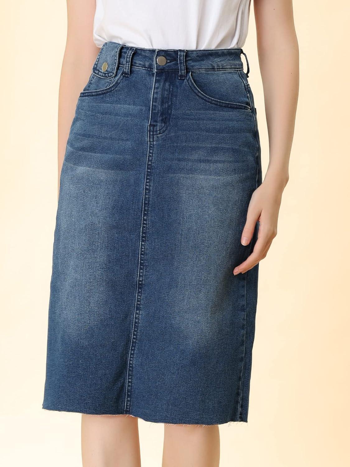 imageAllegra K Womens Casual Jean Skirt High Waist Back Slit Stretch Denim SkirtsMblue