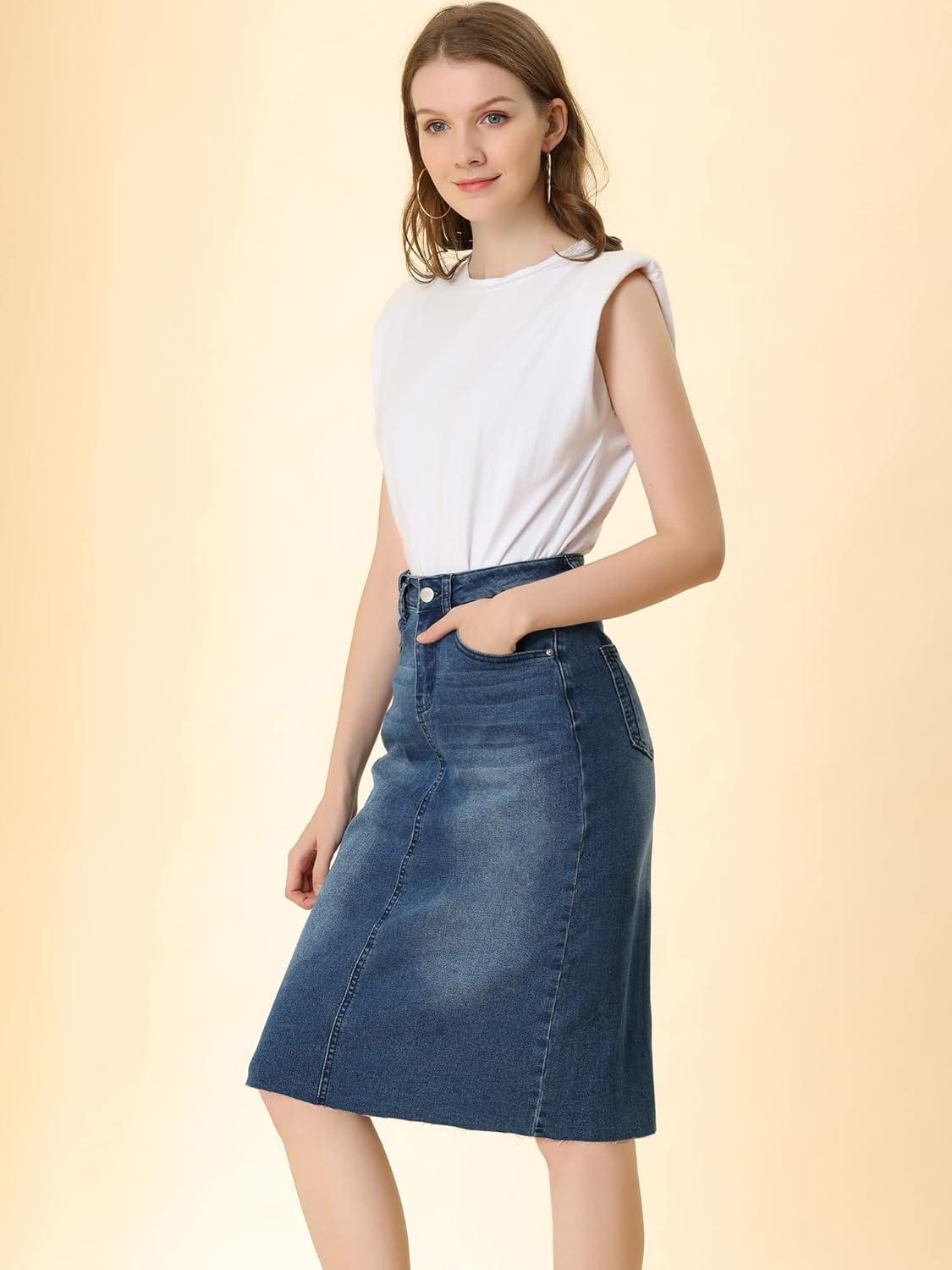 imageAllegra K Womens Casual Jean Skirt High Waist Back Slit Stretch Denim SkirtsMblue