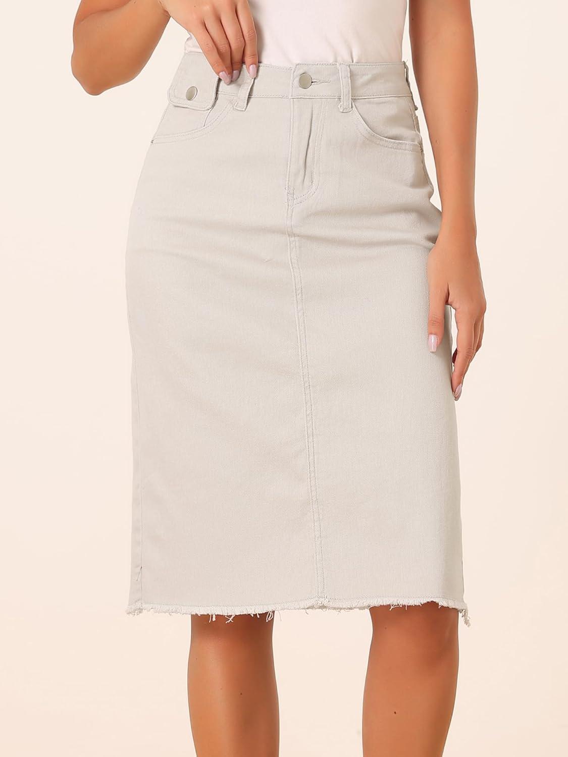 imageAllegra K Womens Casual Jean Skirt High Waist Back Slit Stretch Denim SkirtsOyster White
