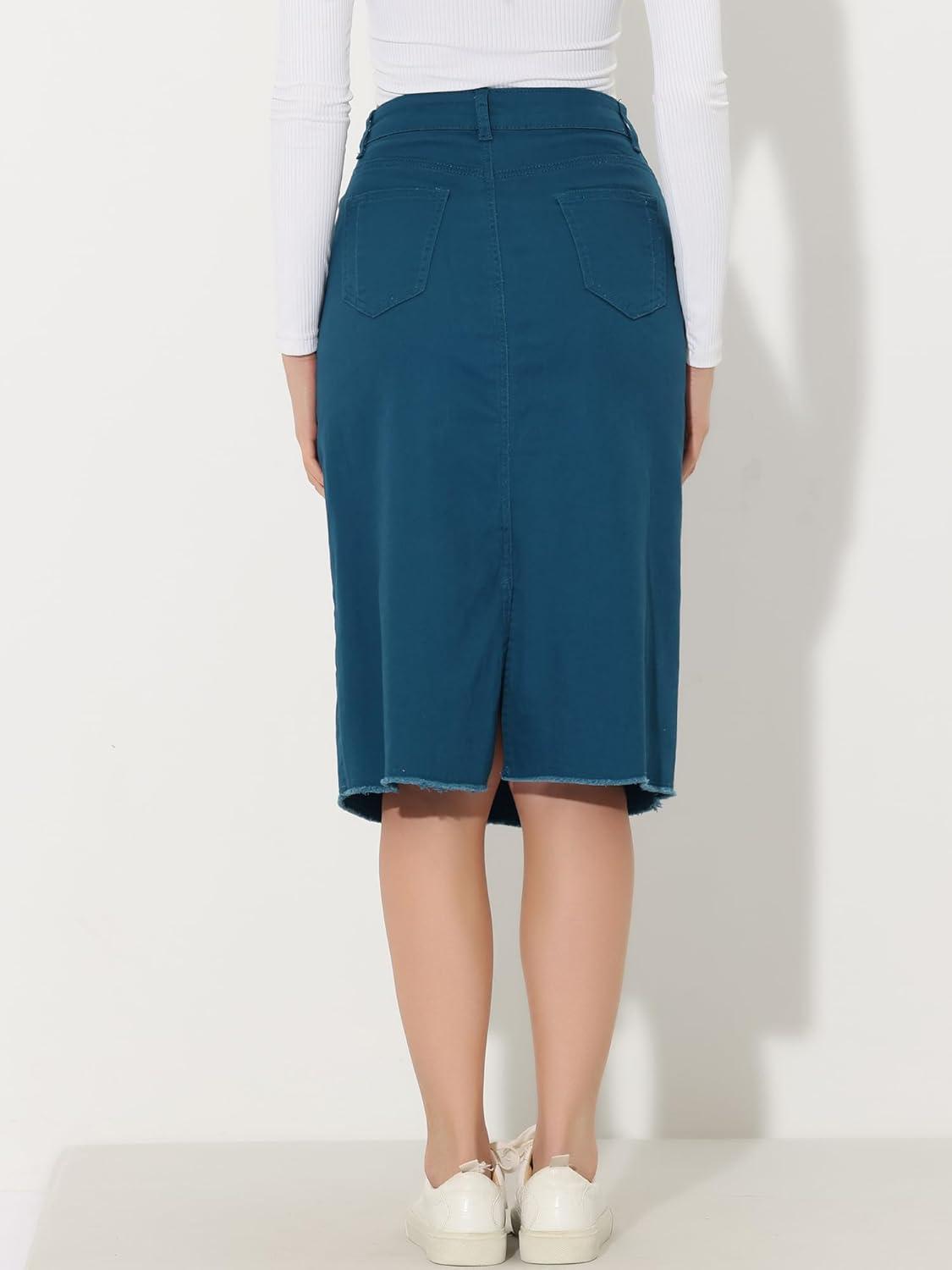 imageAllegra K Womens Casual Jean Skirt High Waist Back Slit Stretch Denim SkirtsPeacock Blue