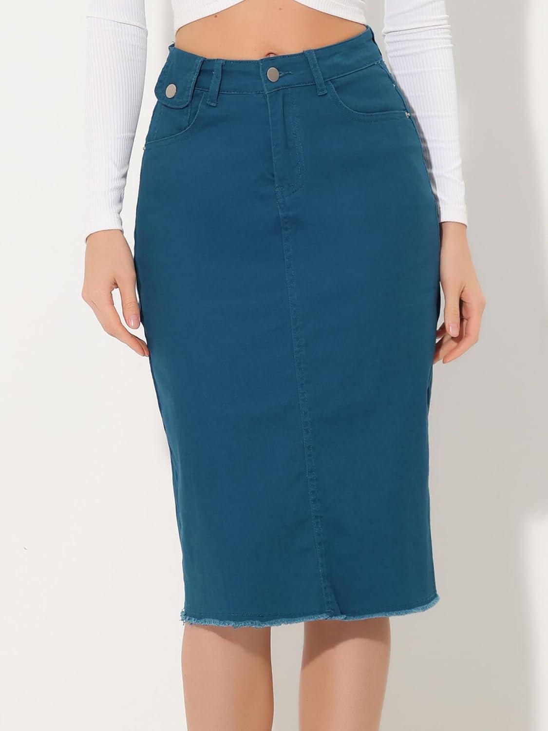 imageAllegra K Womens Casual Jean Skirt High Waist Back Slit Stretch Denim SkirtsPeacock Blue