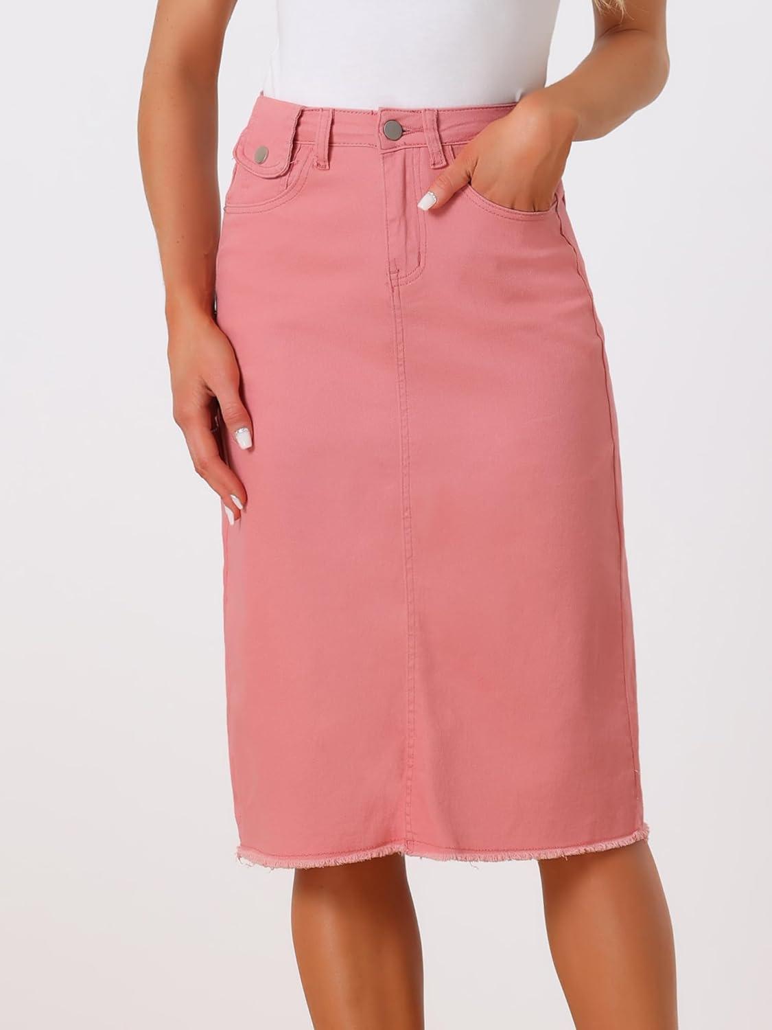 imageAllegra K Womens Casual Jean Skirt High Waist Back Slit Stretch Denim SkirtsPink