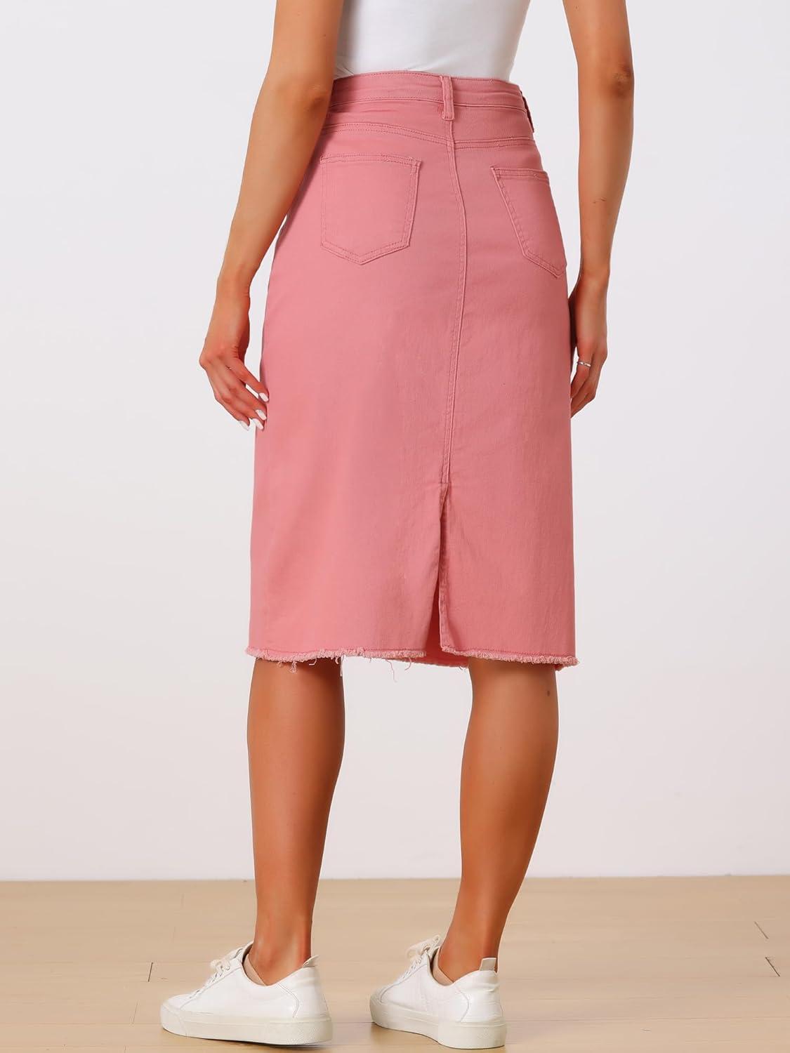 imageAllegra K Womens Casual Jean Skirt High Waist Back Slit Stretch Denim SkirtsPink