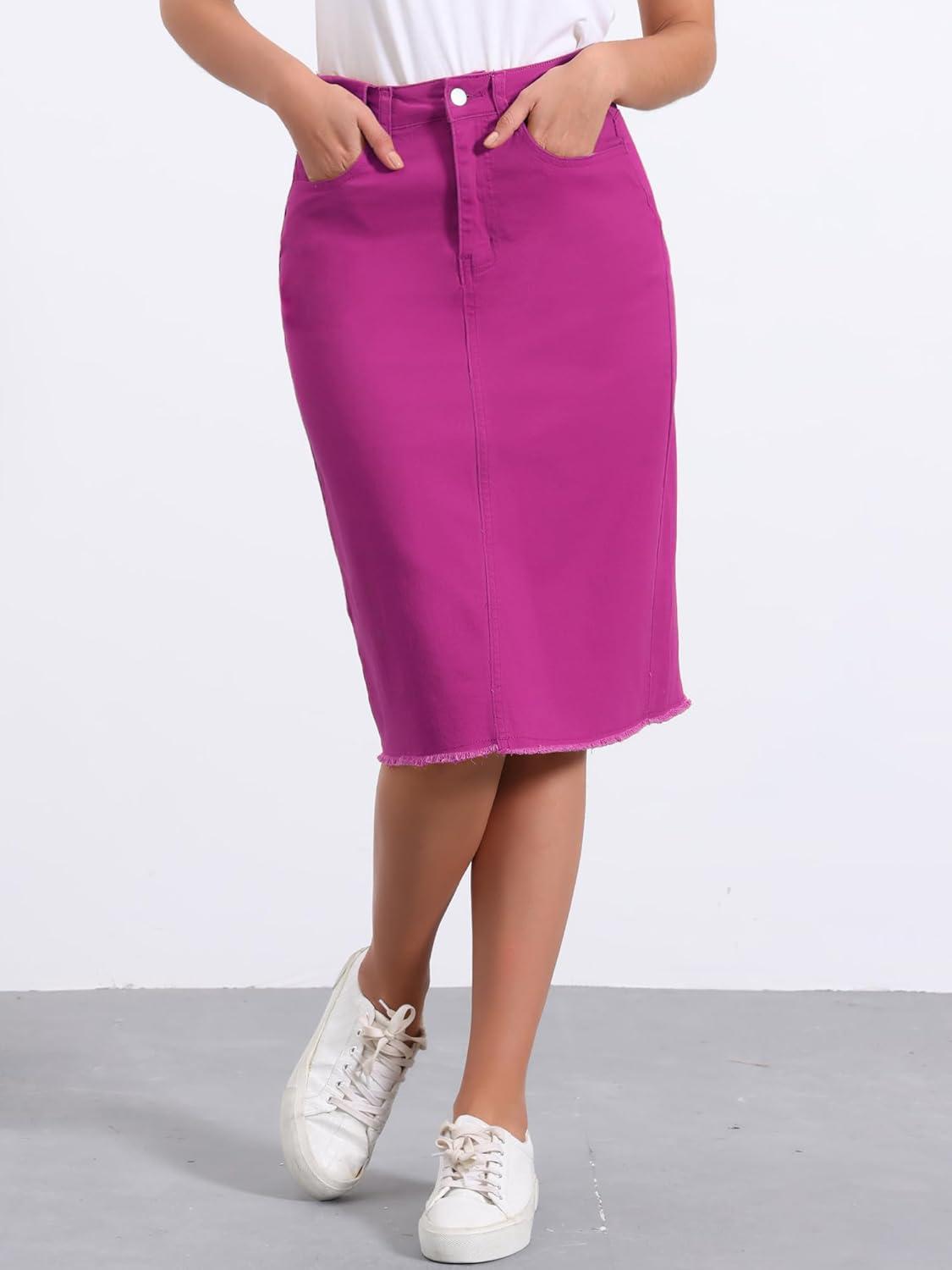 imageAllegra K Womens Casual Jean Skirt High Waist Back Slit Stretch Denim SkirtsPlum Purple