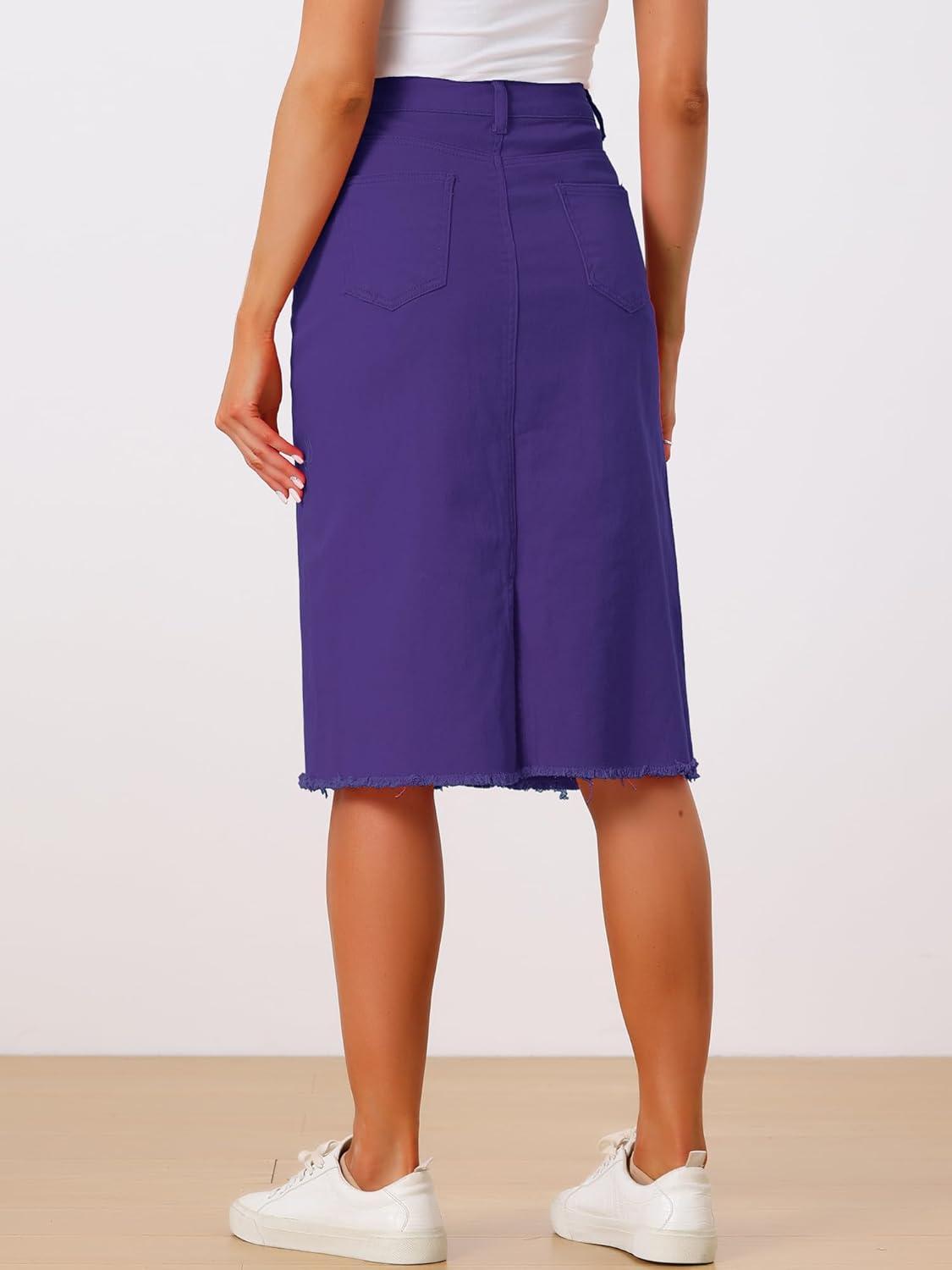 imageAllegra K Womens Casual Jean Skirt High Waist Back Slit Stretch Denim SkirtsPurple