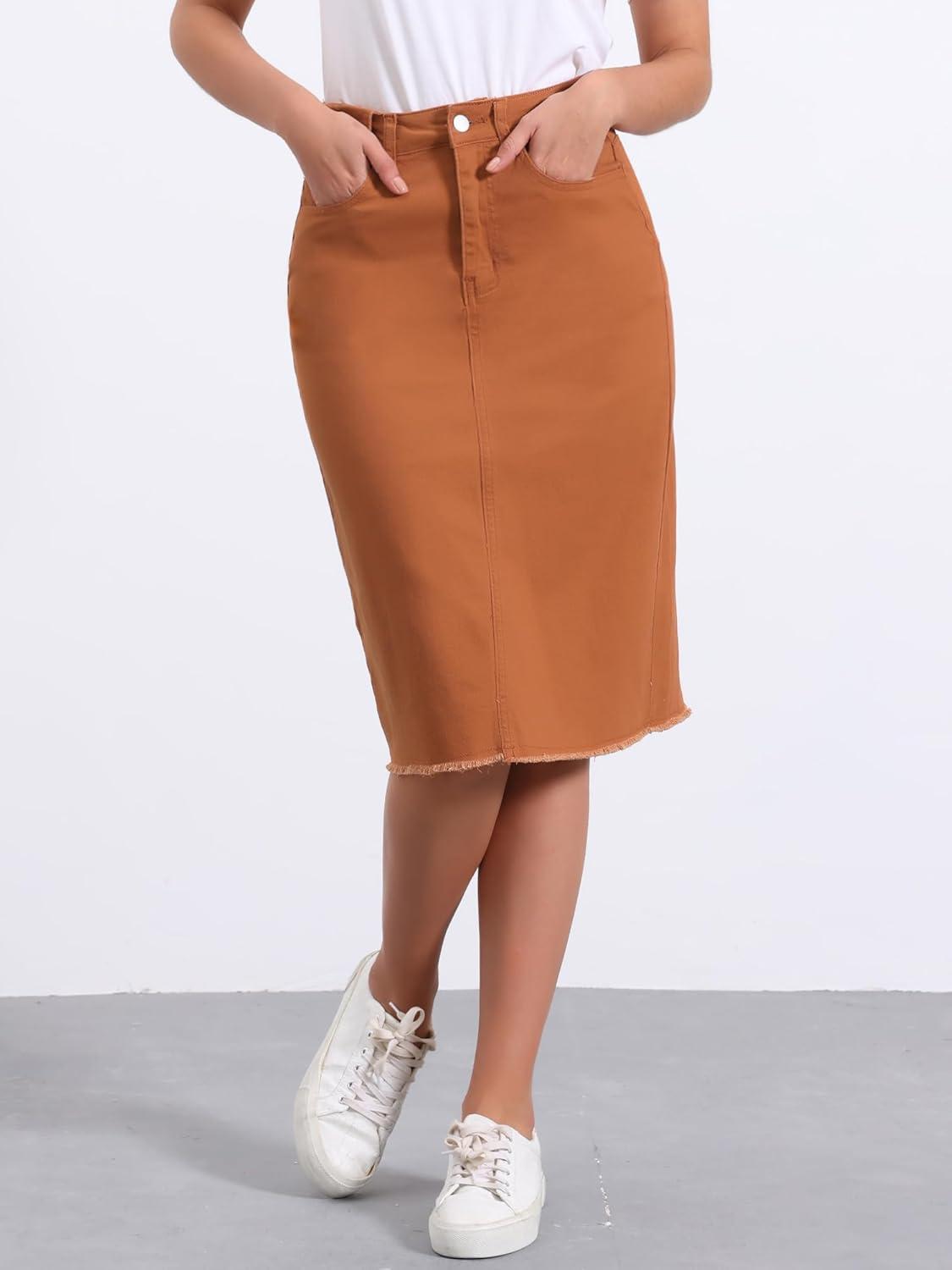 imageAllegra K Womens Casual Jean Skirt High Waist Back Slit Stretch Denim SkirtsRust Brown